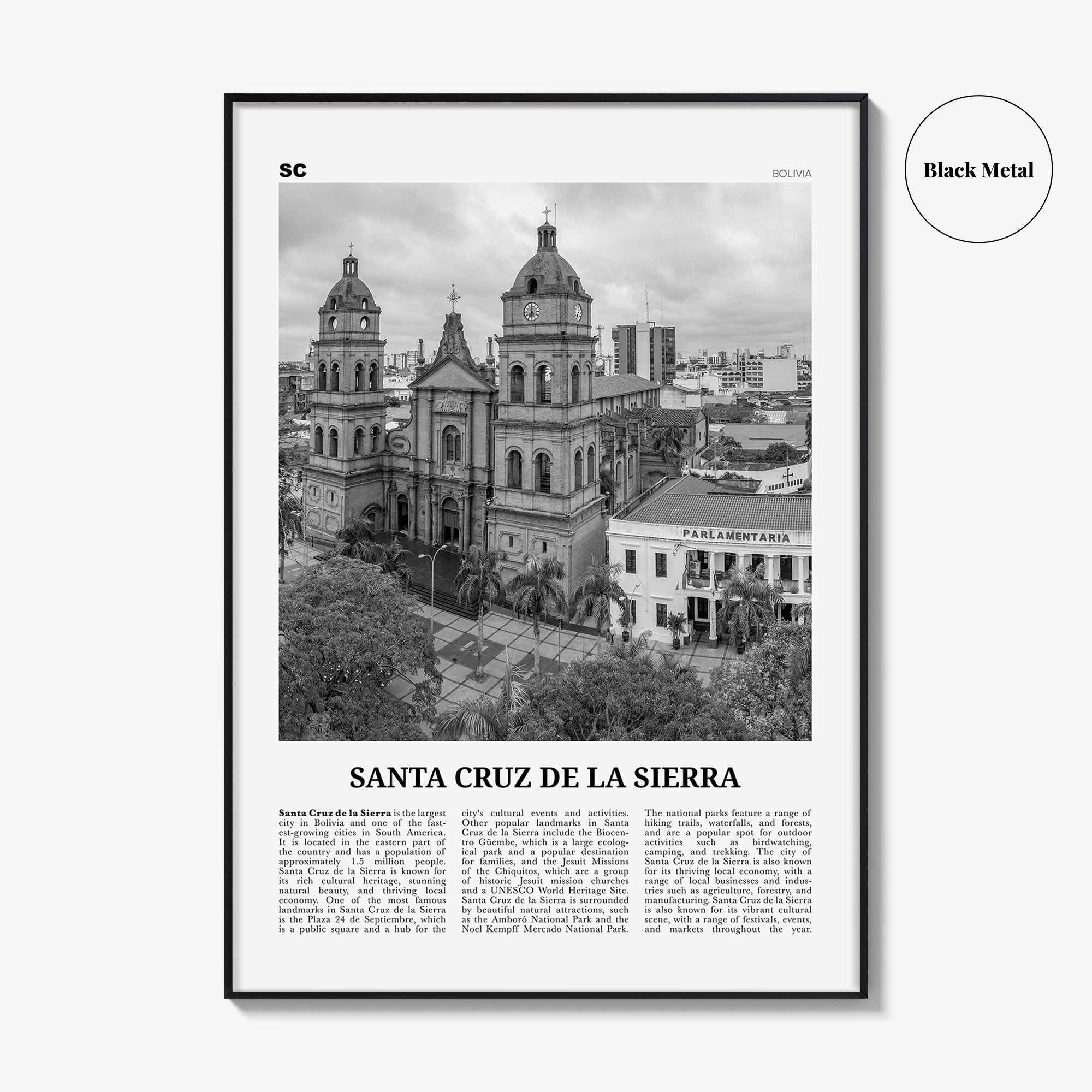 Santa Cruz de la Sierra Print Black and White, Santa Cruz de la Sierra Wall Art, Santa Cruz de la Sierra Poster, Photo, Wall Décor, Map