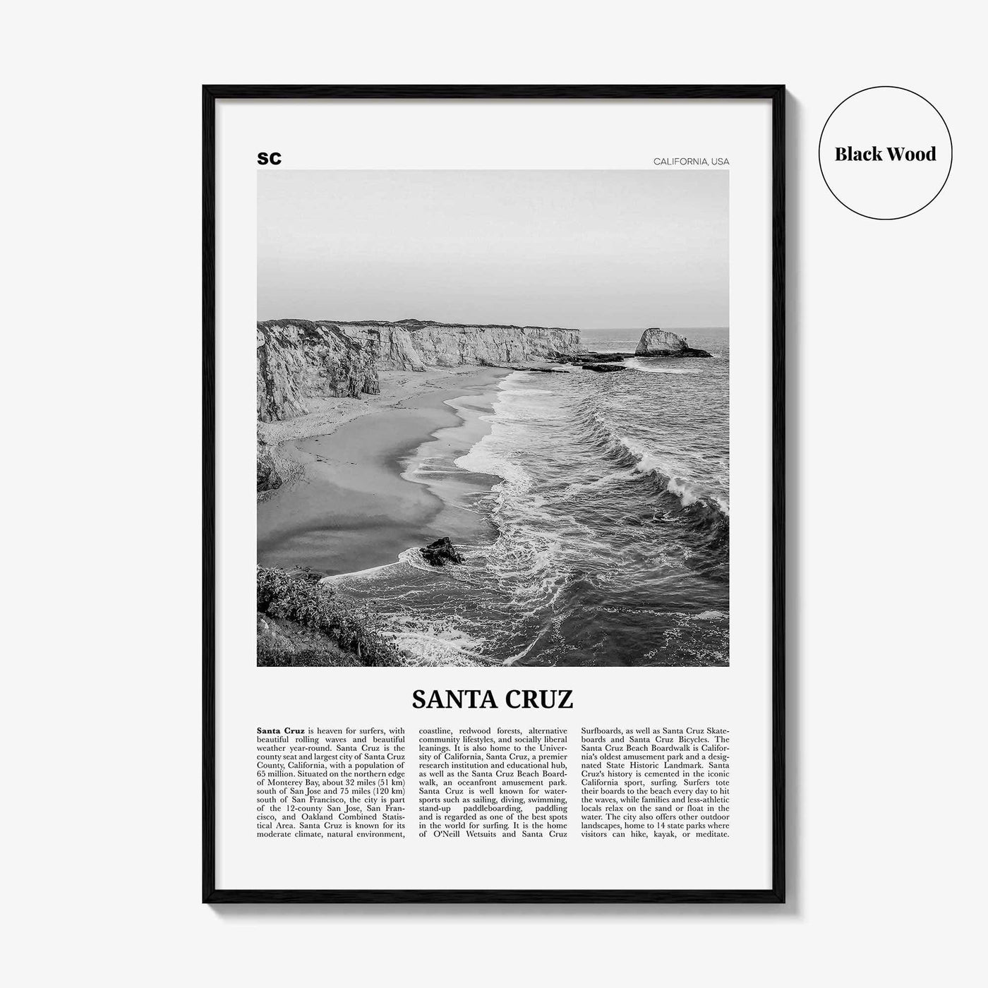 Santa Cruz Print Black and White No 1, Santa Cruz Wall Art, Santa Cruz Poster, Santa Cruz Photo, California, USA, United States