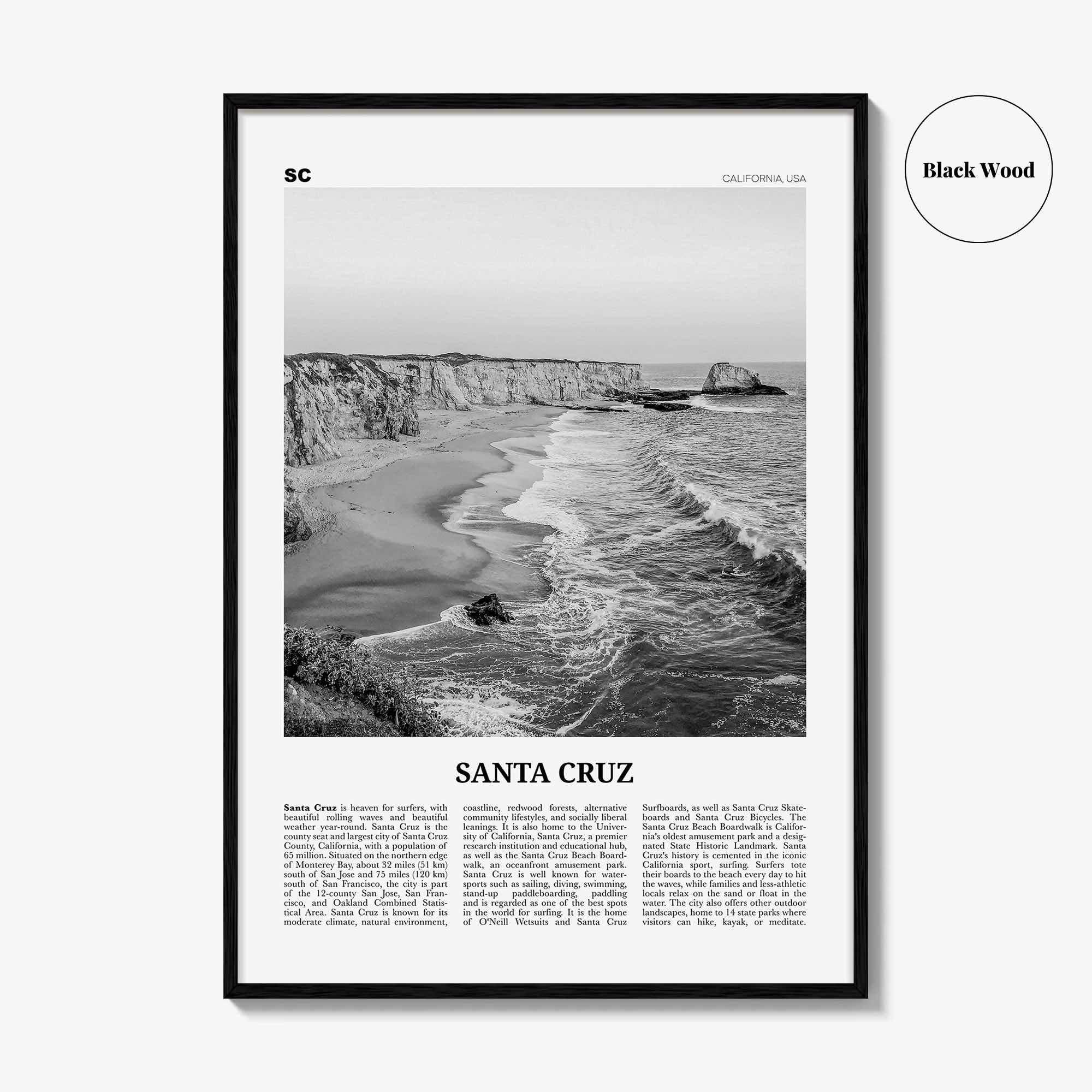 Santa Cruz Print Black and White No 1, Santa Cruz Wall Art, Santa Cruz Poster, Santa Cruz Photo, California, USA, United States