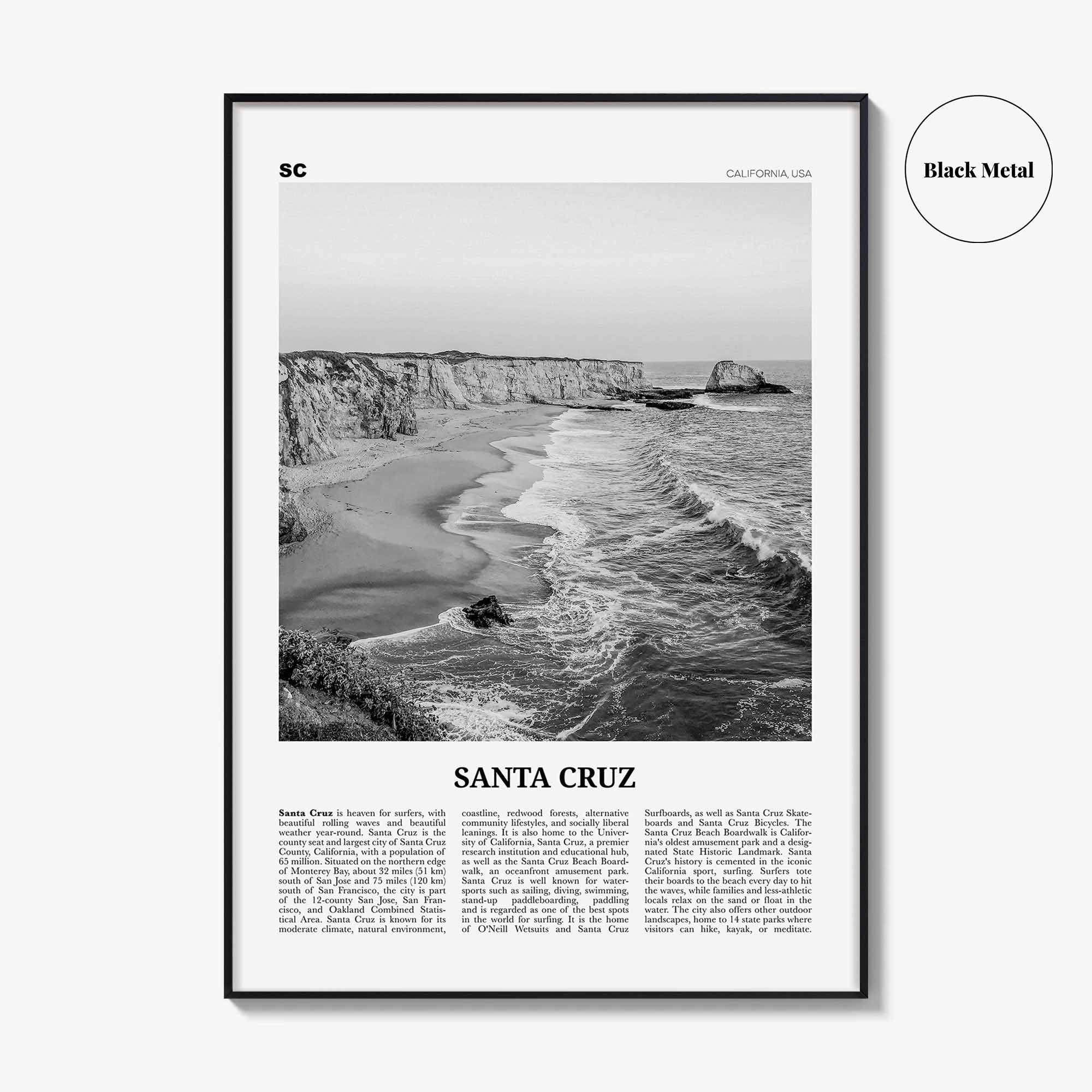 Santa Cruz Print Black and White No 1, Santa Cruz Wall Art, Santa Cruz Poster, Santa Cruz Photo, California, USA, United States