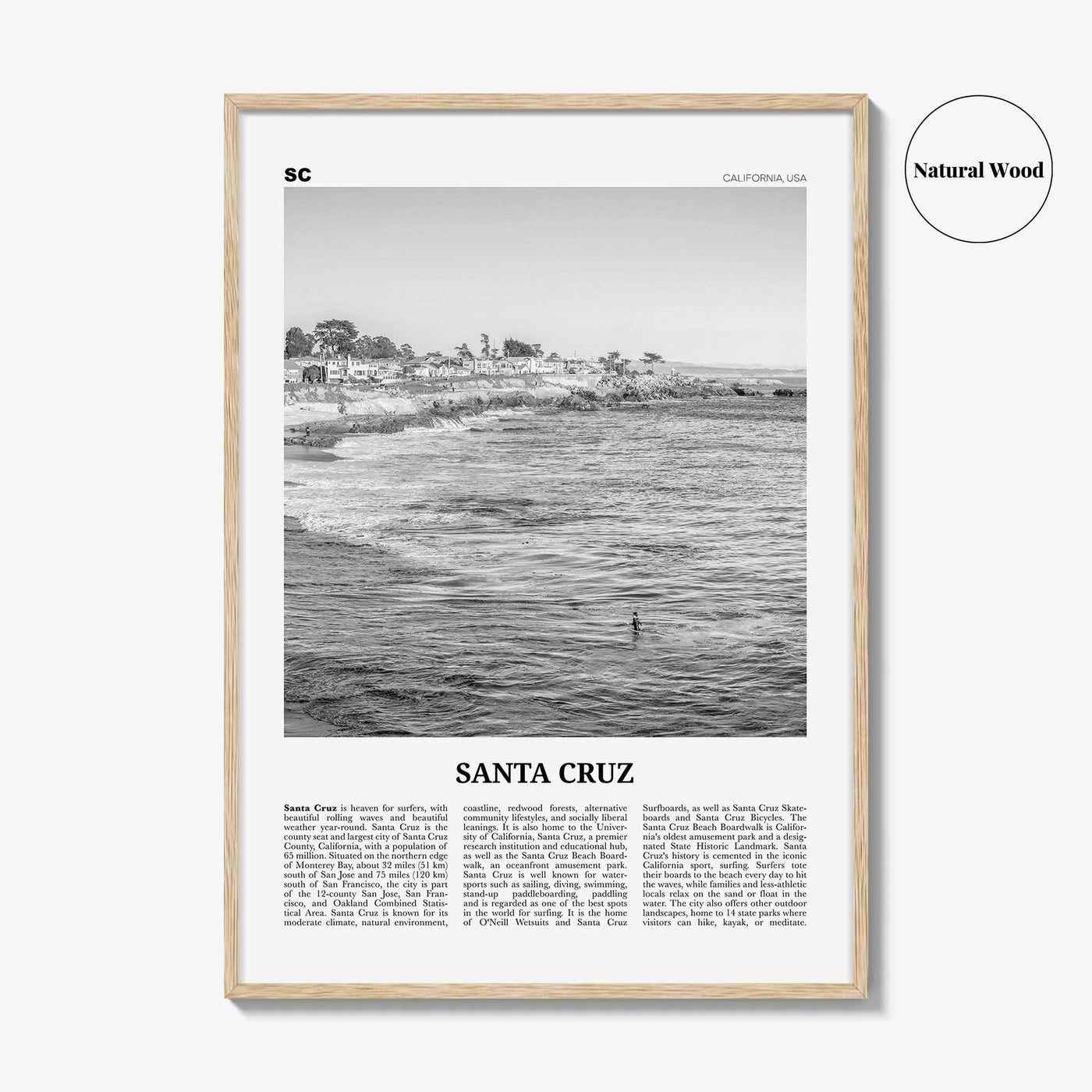 Santa Cruz Print Black and White No 2, Santa Cruz Wall Art, Santa Cruz Poster, Santa Cruz Photo, California, USA, United States