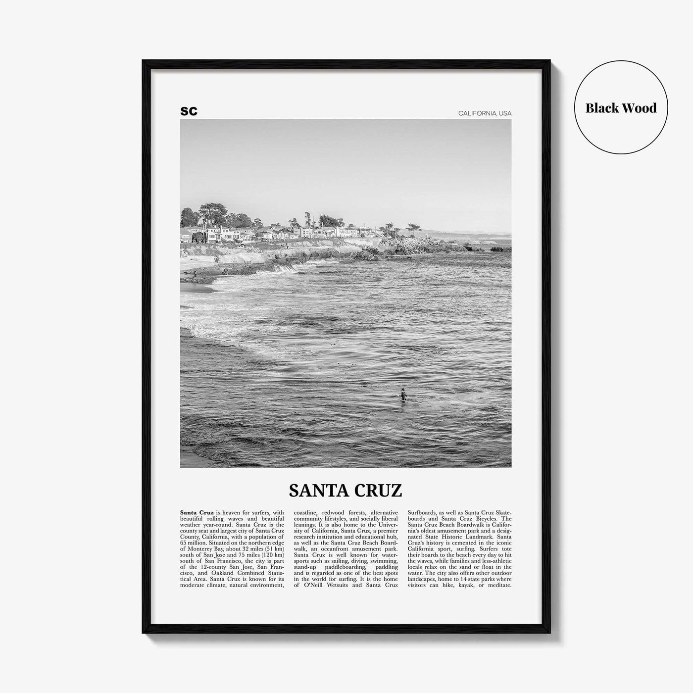 Santa Cruz Print Black and White No 2, Santa Cruz Wall Art, Santa Cruz Poster, Santa Cruz Photo, California, USA, United States
