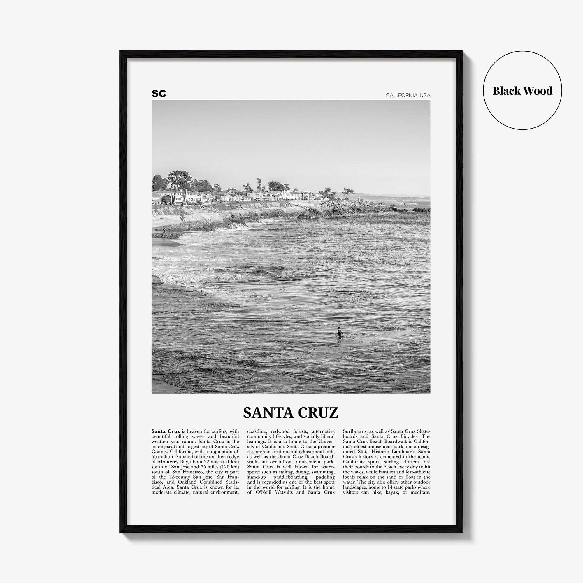 Santa Cruz Print Black and White No 2, Santa Cruz Wall Art, Santa Cruz Poster, Santa Cruz Photo, California, USA, United States
