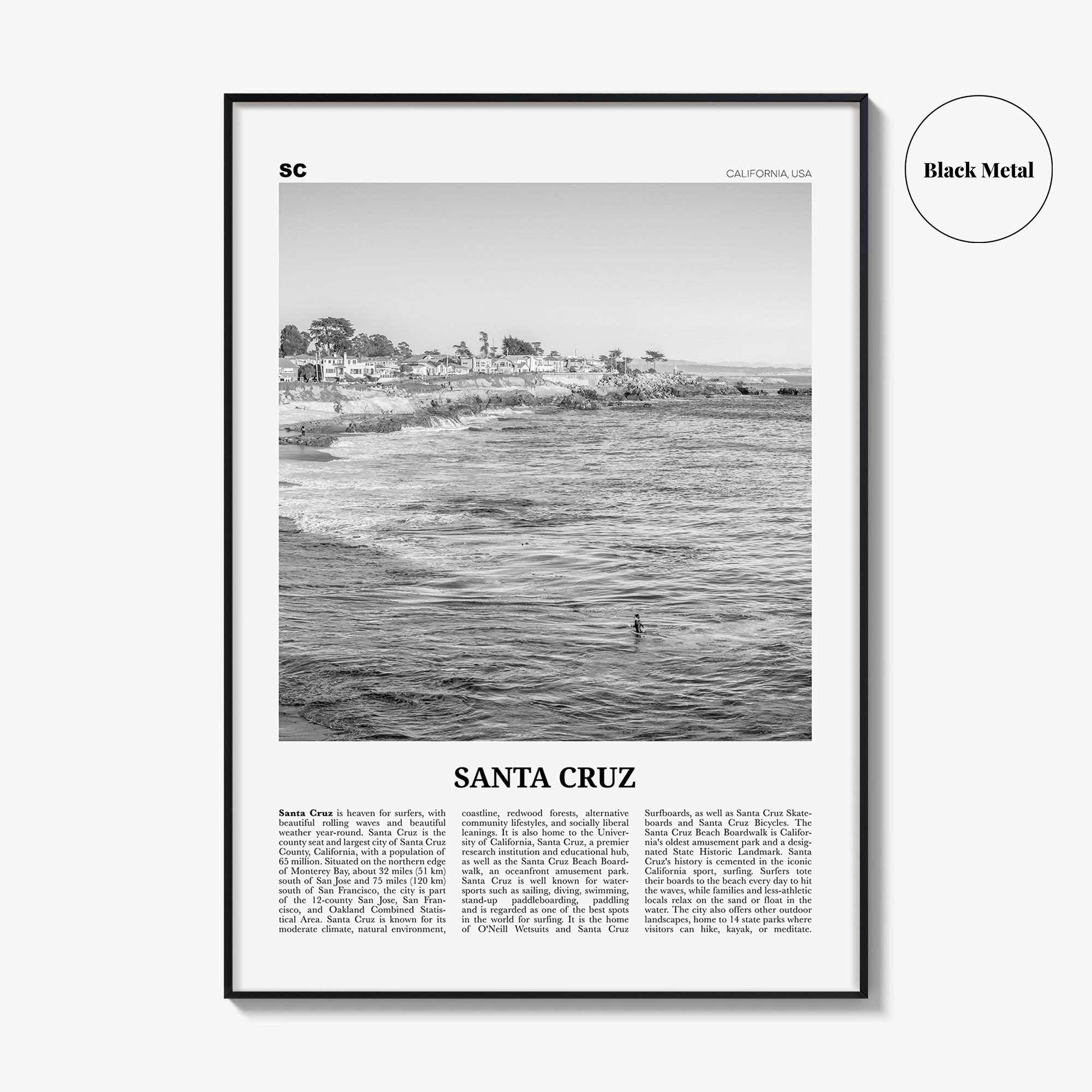 Santa Cruz Print Black and White No 2, Santa Cruz Wall Art, Santa Cruz Poster, Santa Cruz Photo, California, USA, United States