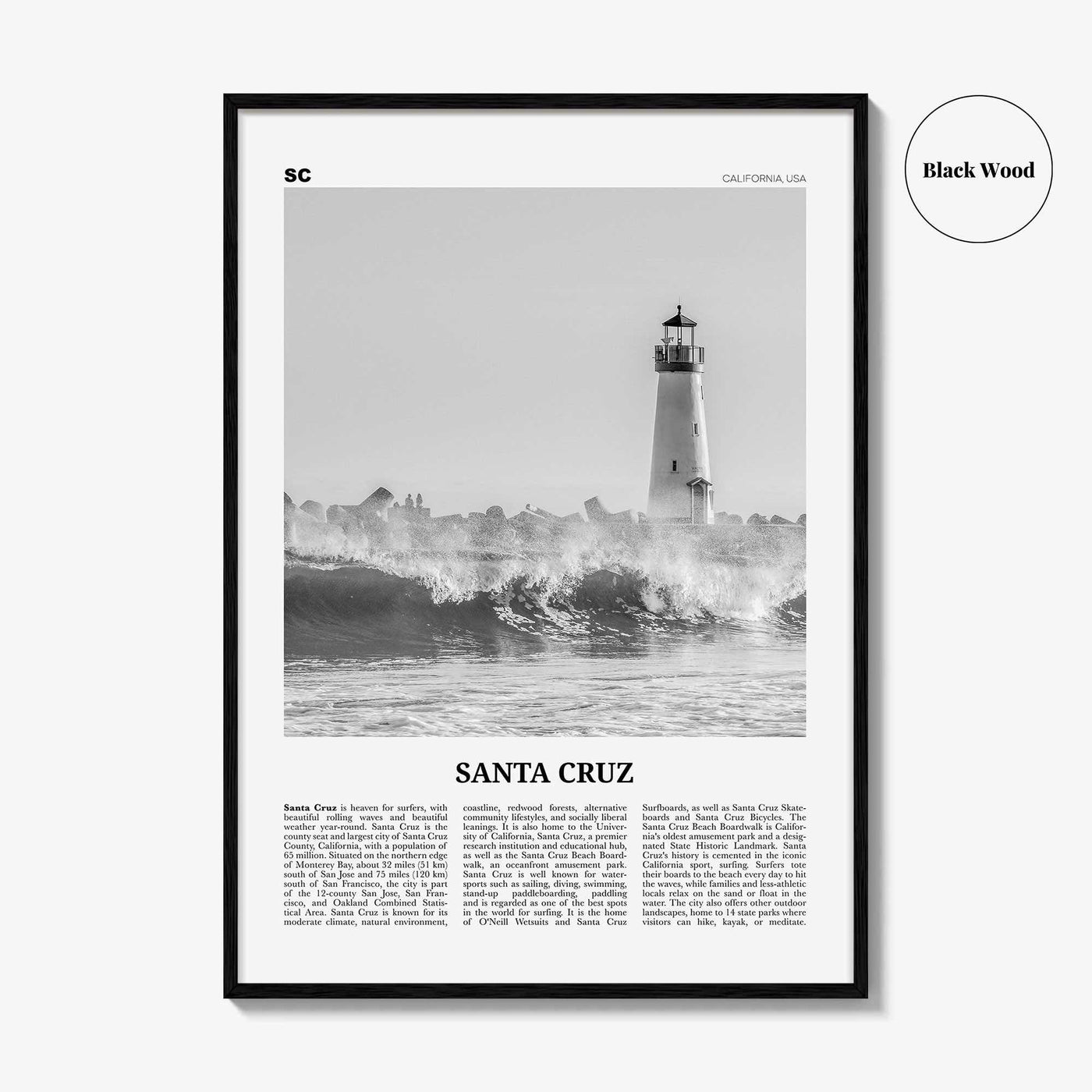 Santa Cruz Print Black and White No 3, Santa Cruz Wall Art, Santa Cruz Poster, Santa Cruz Photo, California, USA, United States
