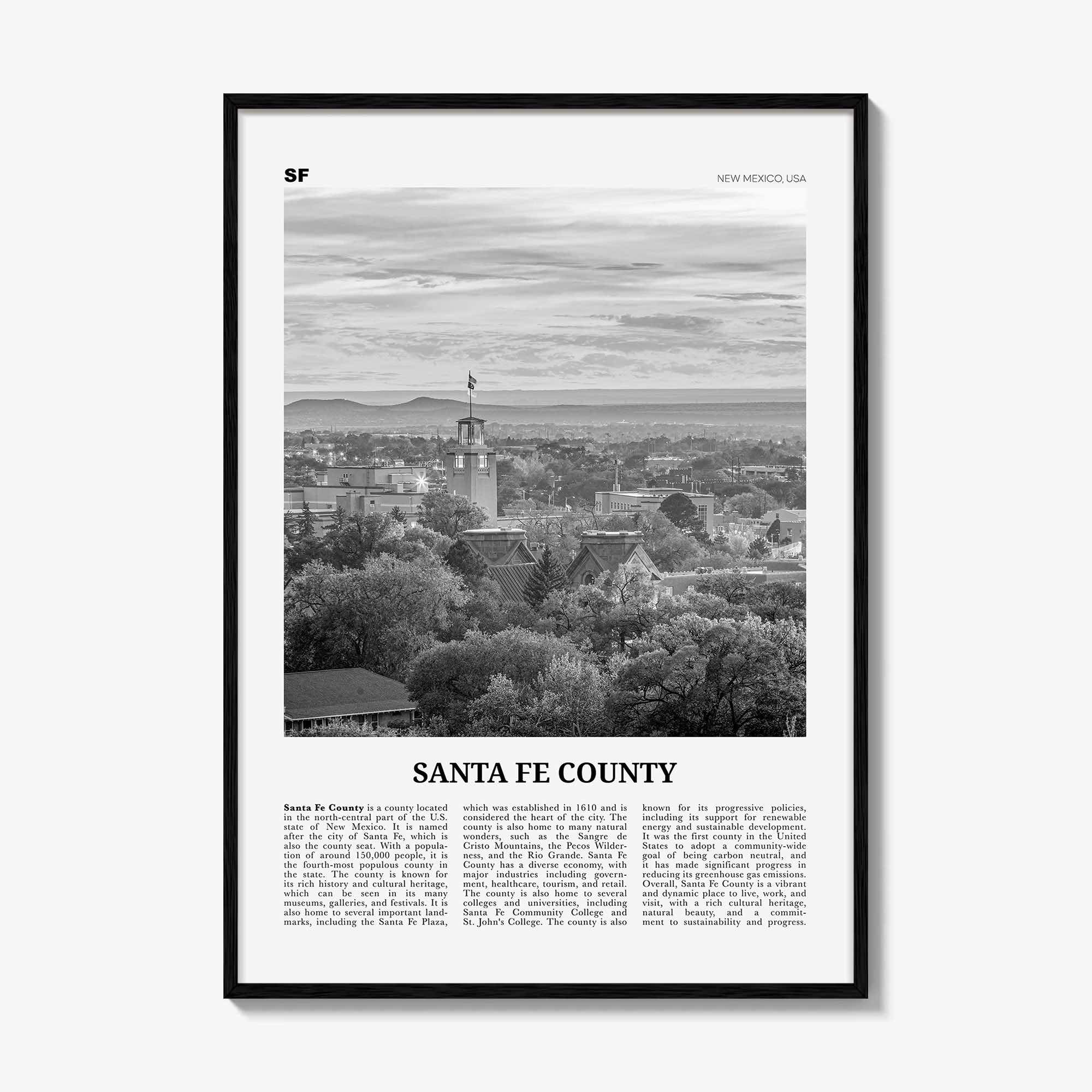 Santa Fe County Print Black and White, Santa Fe County Wall Art, Santa Fe County Poster, Santa Fe Photo, Santa Fe Wall Décor, Santa Fe Map