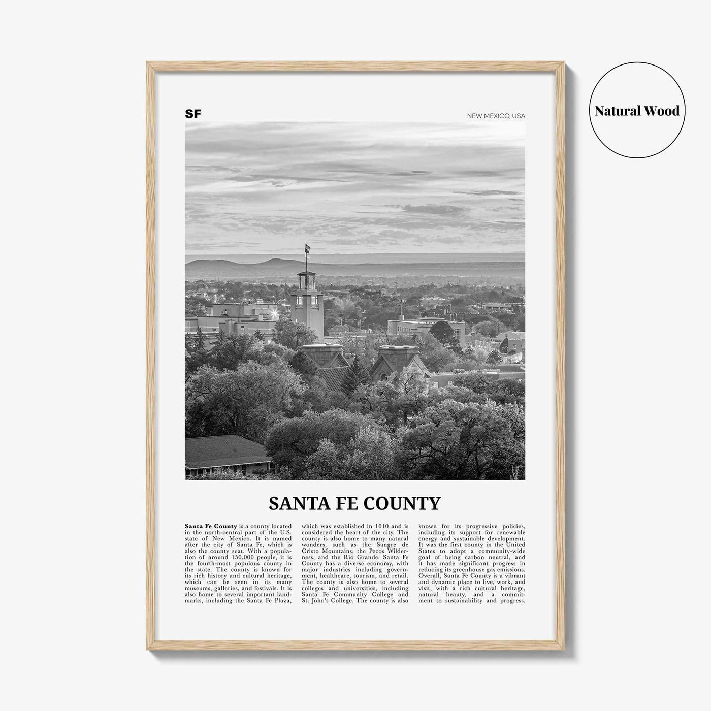 Santa Fe County Print Black and White, Santa Fe County Wall Art, Santa Fe County Poster, Santa Fe Photo, Santa Fe Wall Décor, Santa Fe Map