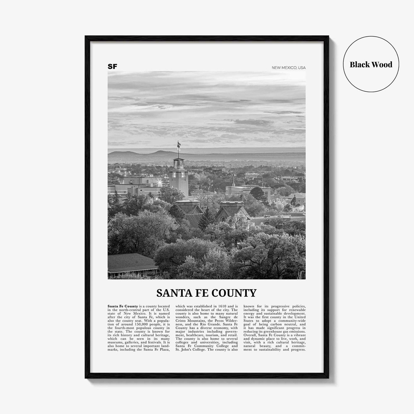 Santa Fe County Print Black and White, Santa Fe County Wall Art, Santa Fe County Poster, Santa Fe Photo, Santa Fe Wall Décor, Santa Fe Map