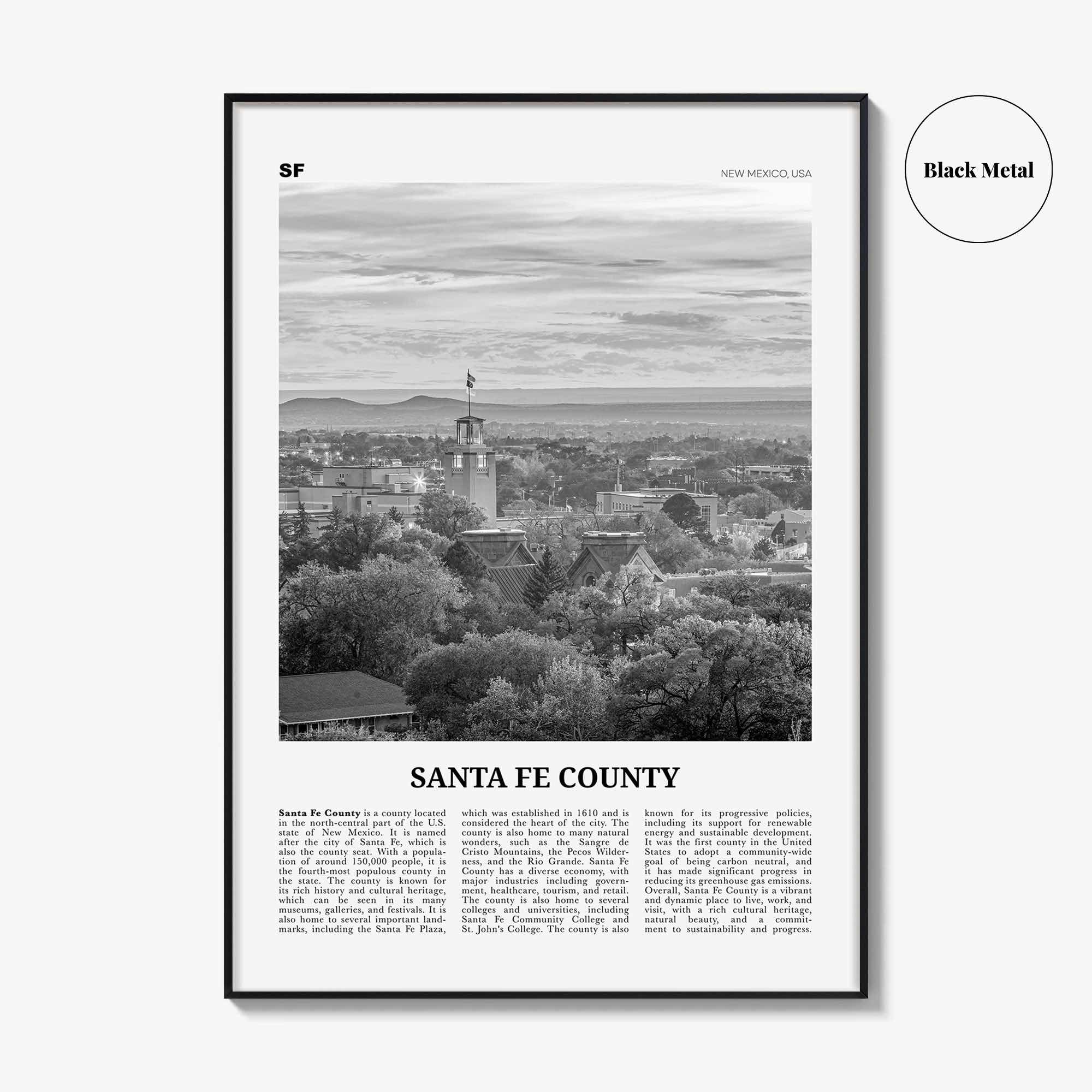 Santa Fe County Print Black and White, Santa Fe County Wall Art, Santa Fe County Poster, Santa Fe Photo, Santa Fe Wall Décor, Santa Fe Map