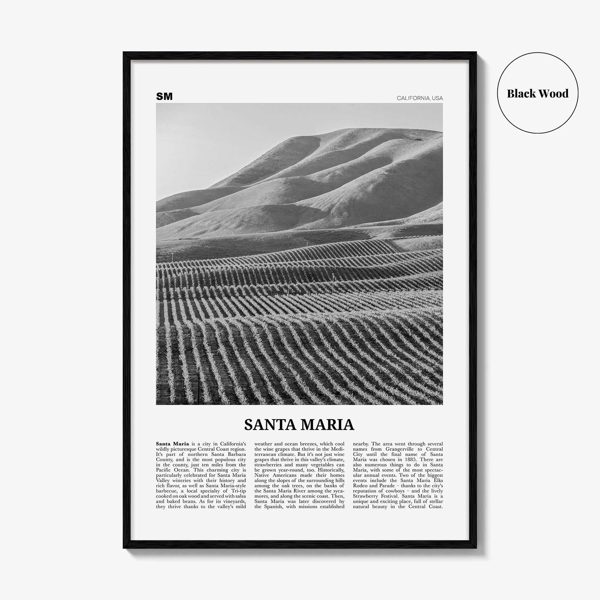 Santa Maria Print Black and White, Santa Maria Wall Art, Santa Maria Poster, Santa Maria Photo, Santa Maria Wall Décor, California, USA