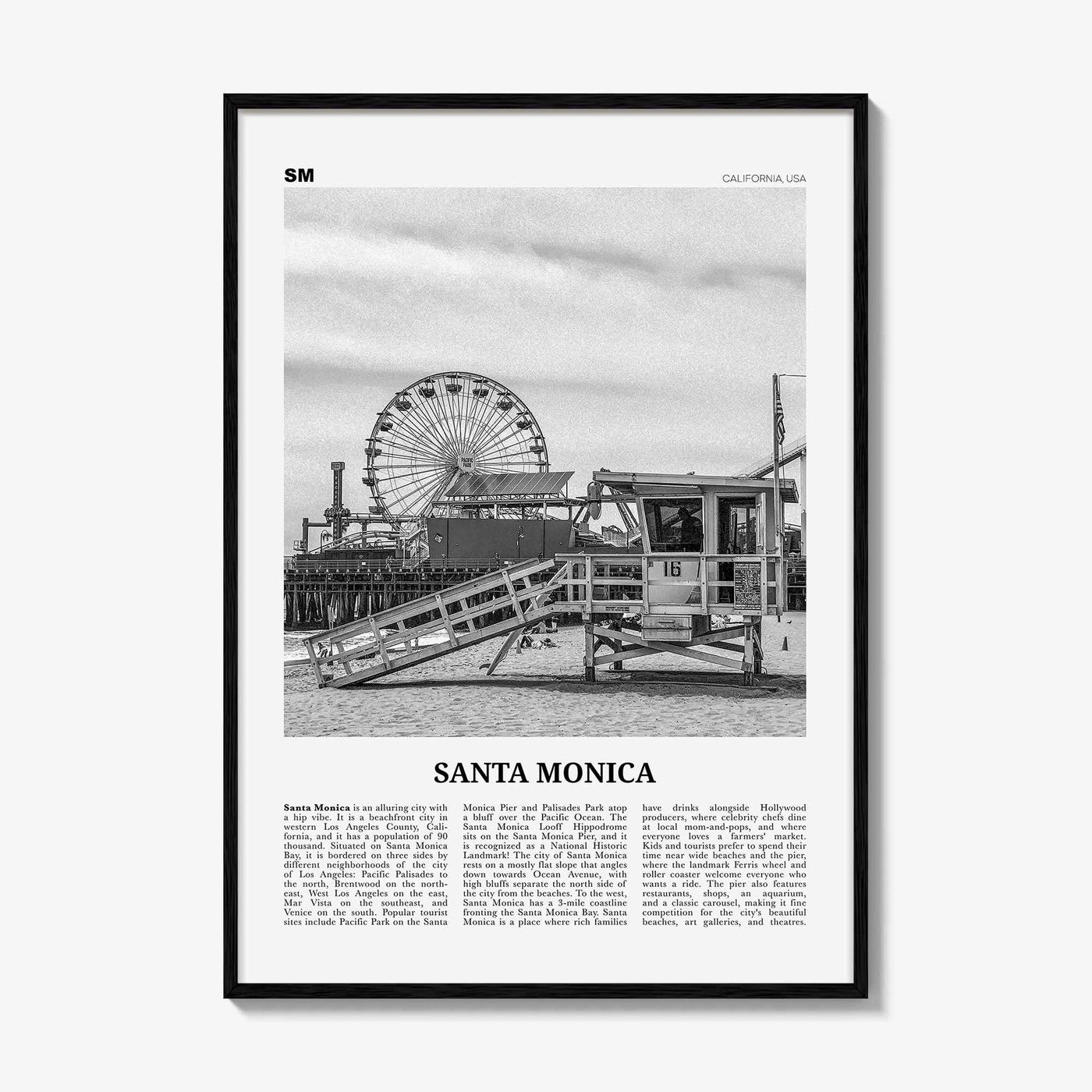 Santa Monica Print Black and White No 1, Santa Monica Wall Art, Santa Monica Poster, Santa Monica, California, USA, United States