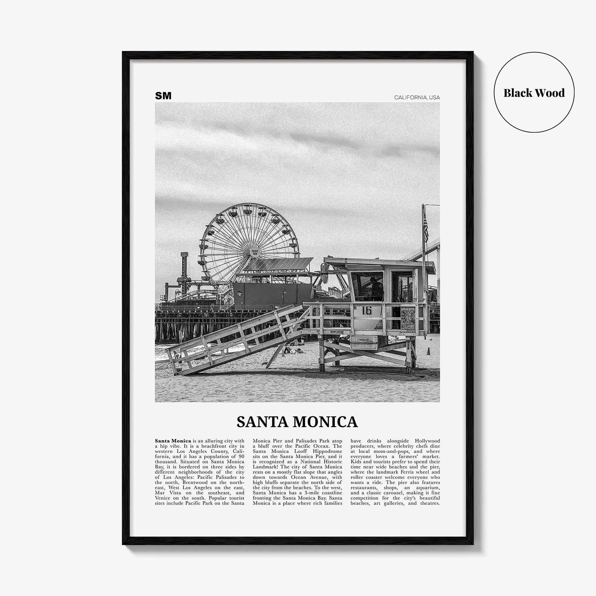 Santa Monica Print Black and White No 1, Santa Monica Wall Art, Santa Monica Poster, Santa Monica, California, USA, United States
