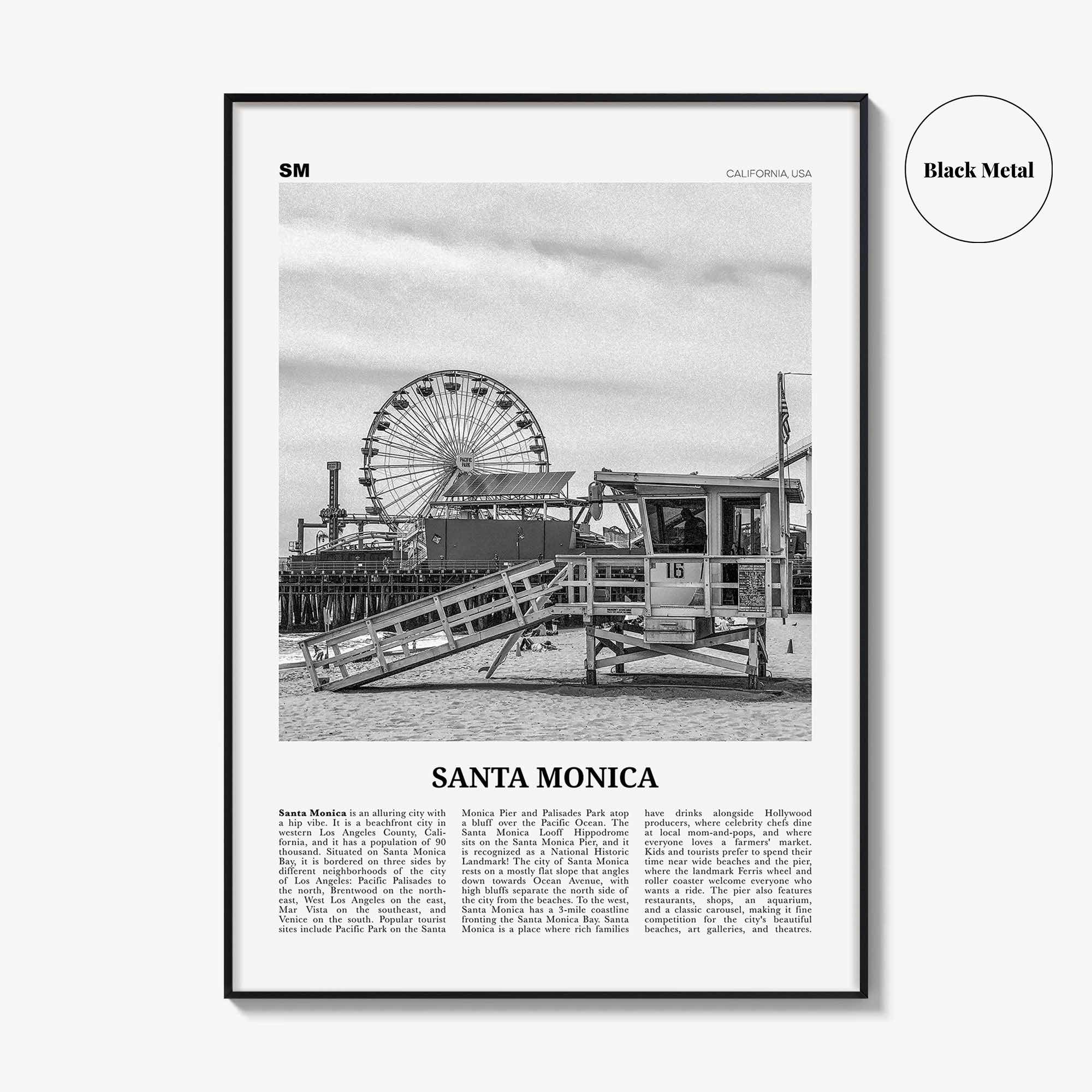 Santa Monica Print Black and White No 1, Santa Monica Wall Art, Santa Monica Poster, Santa Monica, California, USA, United States