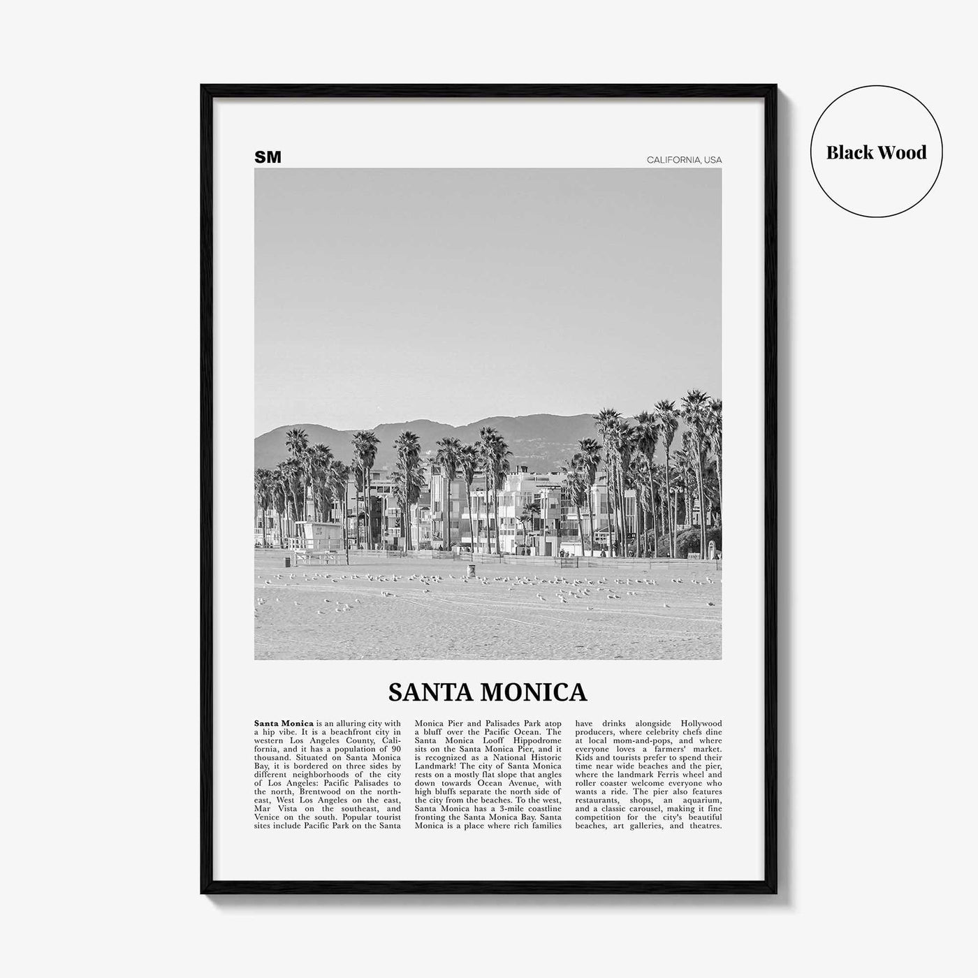 Santa Monica Print Black and White No 2, Santa Monica Wall Art, Santa Monica Poster, Santa Monica, California, USA, United States
