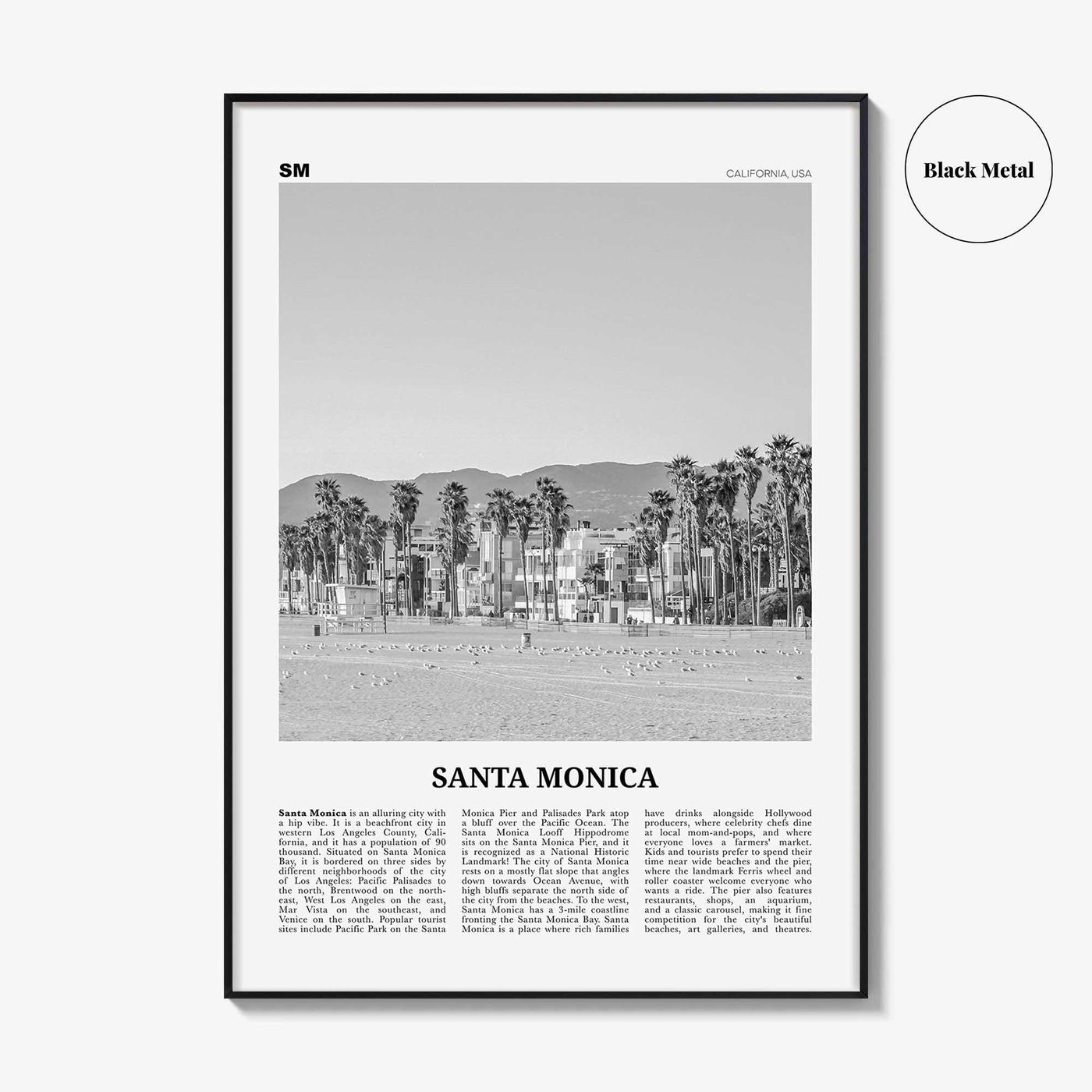 Santa Monica Print Black and White No 2, Santa Monica Wall Art, Santa Monica Poster, Santa Monica, California, USA, United States
