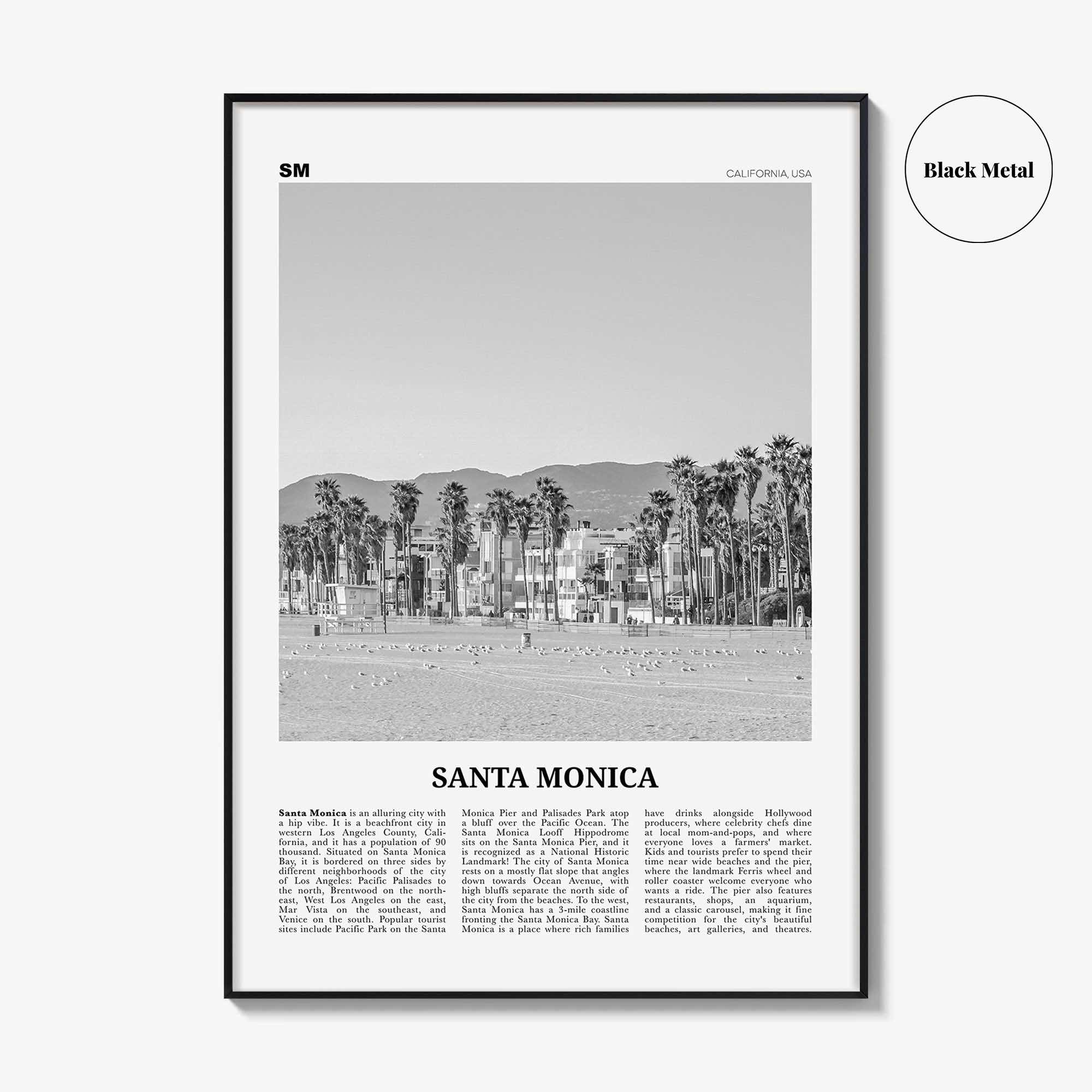 Santa Monica Print Black and White No 2, Santa Monica Wall Art, Santa Monica Poster, Santa Monica, California, USA, United States