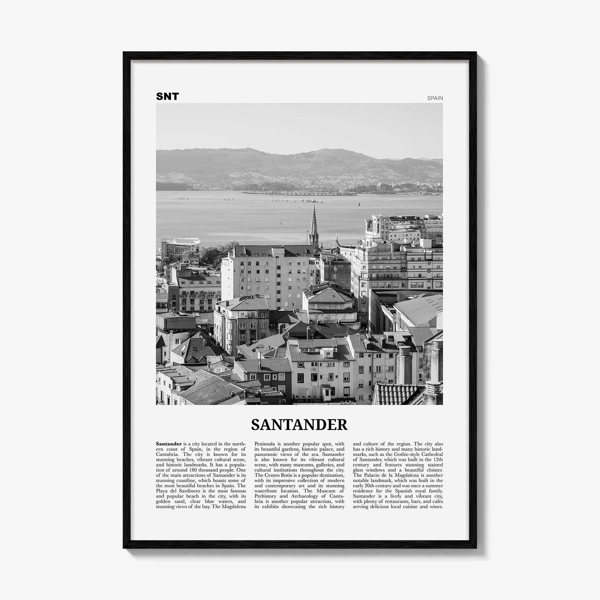 Santander Print Black and White, Santander Wall Art, Santander Poster, Santander Photo, Santander Wall Décor, Santander Map,