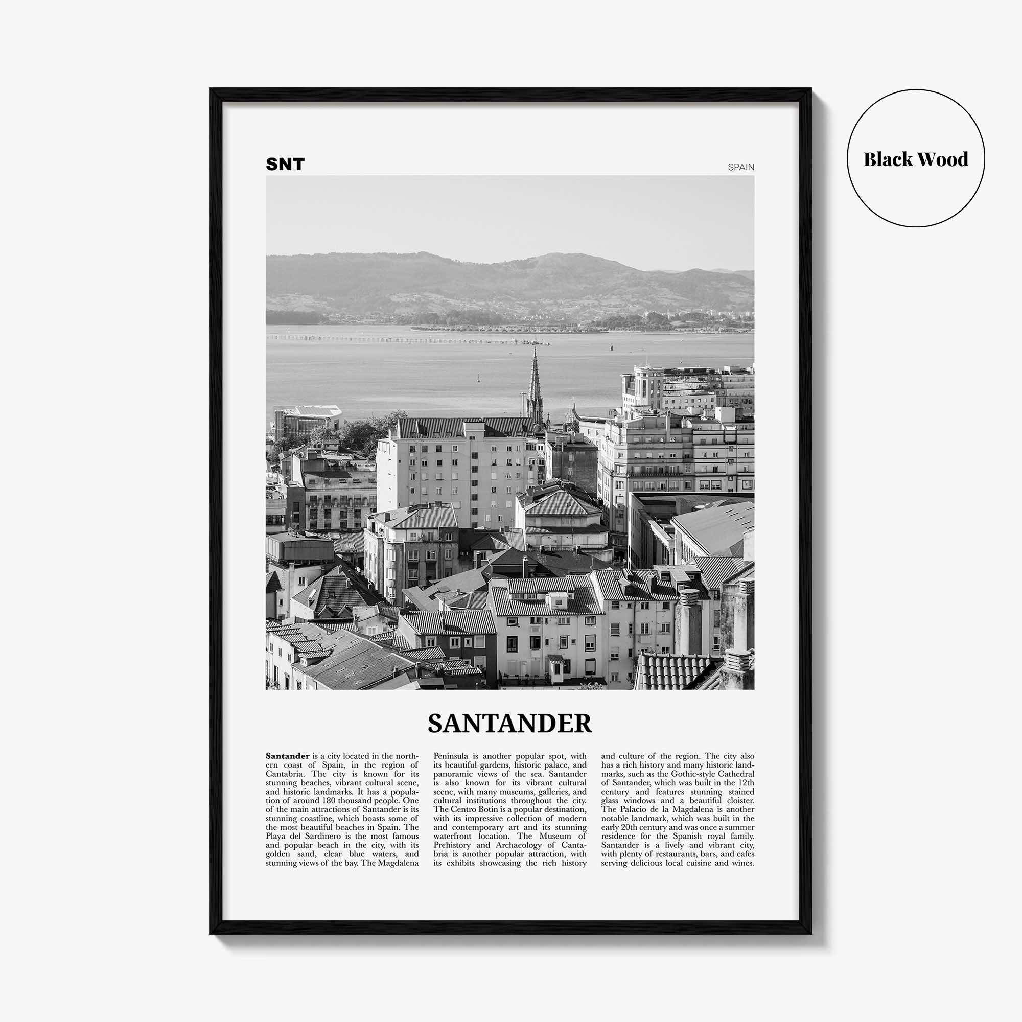 Santander Print Black and White, Santander Wall Art, Santander Poster, Santander Photo, Santander Wall Décor, Santander Map,