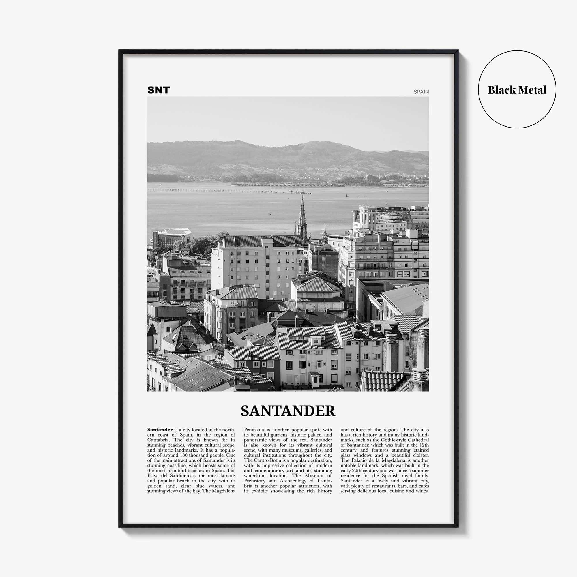Santander Print Black and White, Santander Wall Art, Santander Poster, Santander Photo, Santander Wall Décor, Santander Map,
