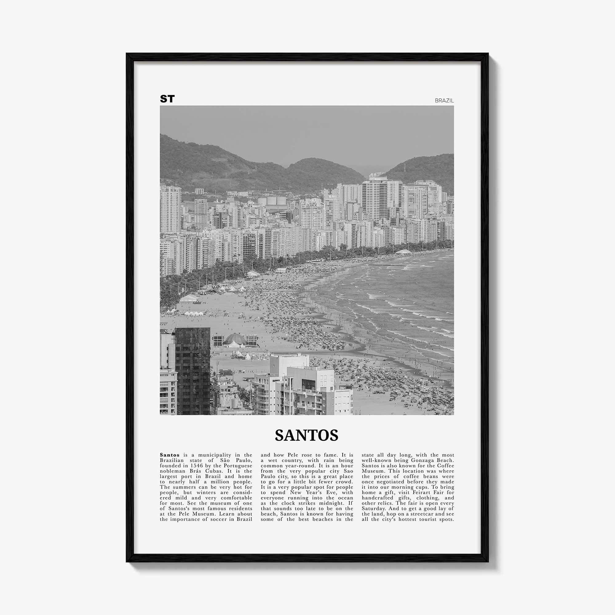 Santos Print Black and White, Santos Wall Art, Santos Poster, Santos Photo, Santos Wall Décor, Santos Map, Brazil