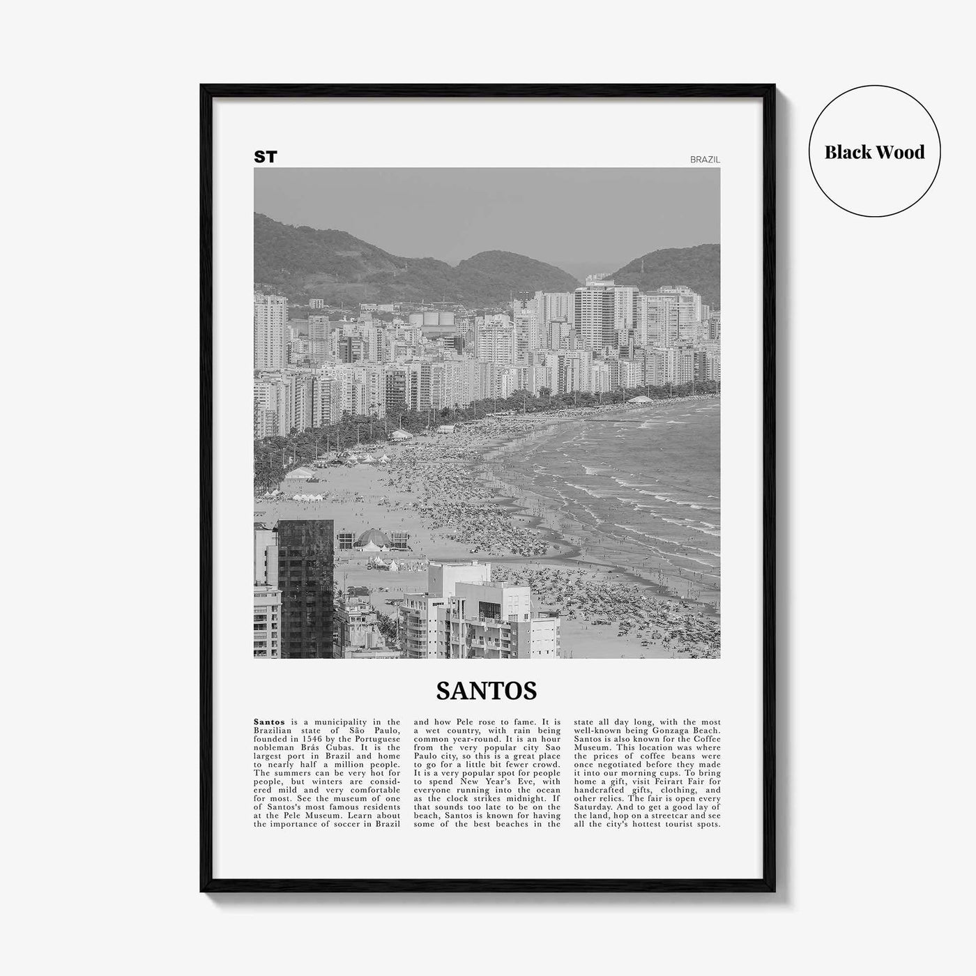 Santos Print Black and White, Santos Wall Art, Santos Poster, Santos Photo, Santos Wall Décor, Santos Map, Brazil