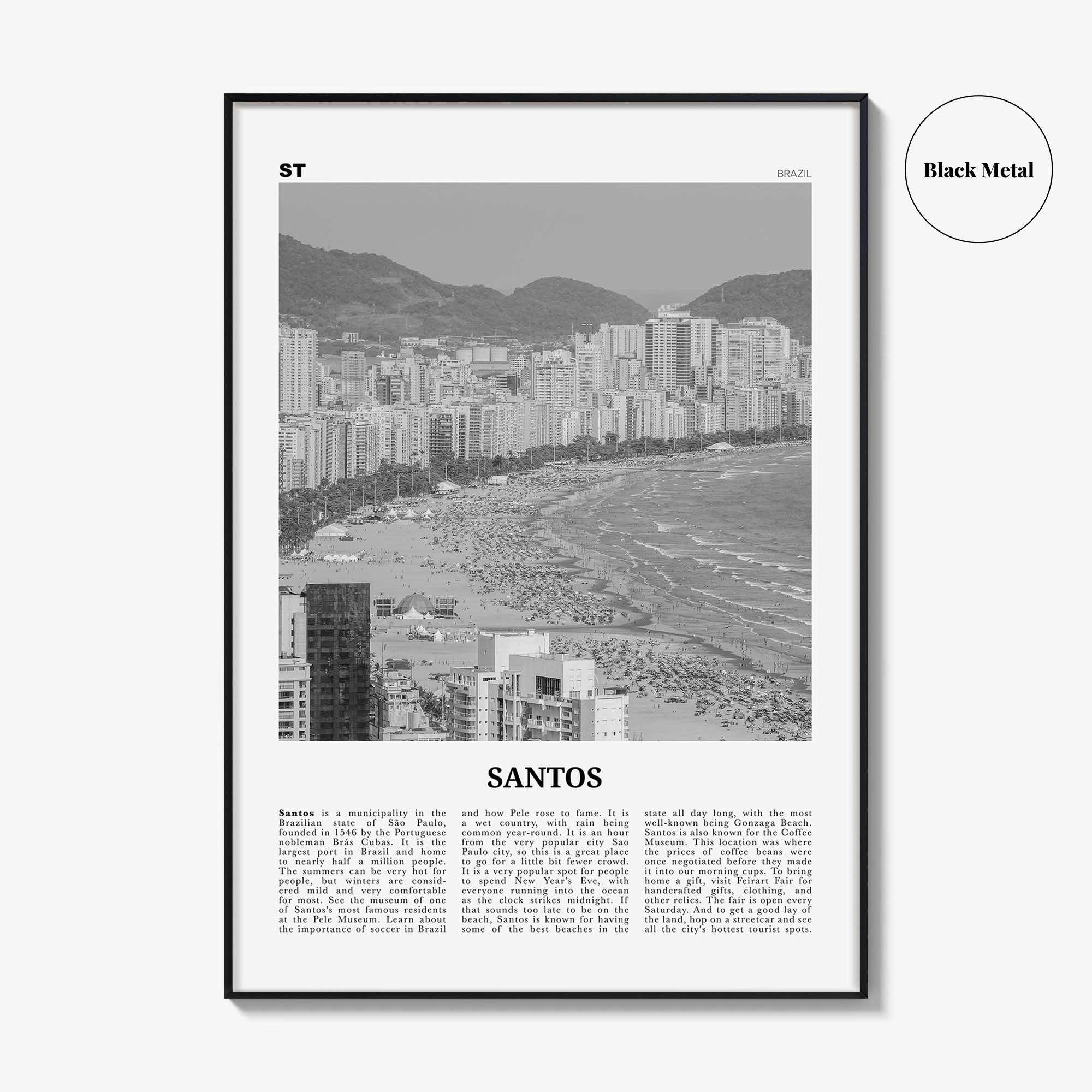 Santos Print Black and White, Santos Wall Art, Santos Poster, Santos Photo, Santos Wall Décor, Santos Map, Brazil
