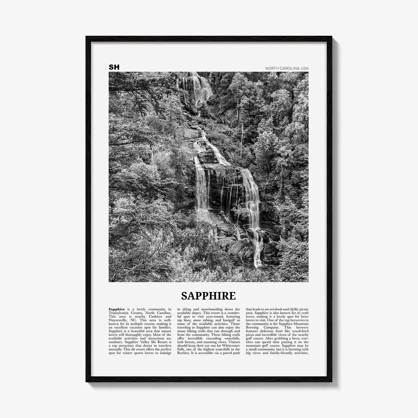 Sapphire Print Black and White, Sapphire Wall Art, Sapphire Poster, Sapphire Photo, Sapphire Wall Décor, Sapphire Map, North Carolina, USA