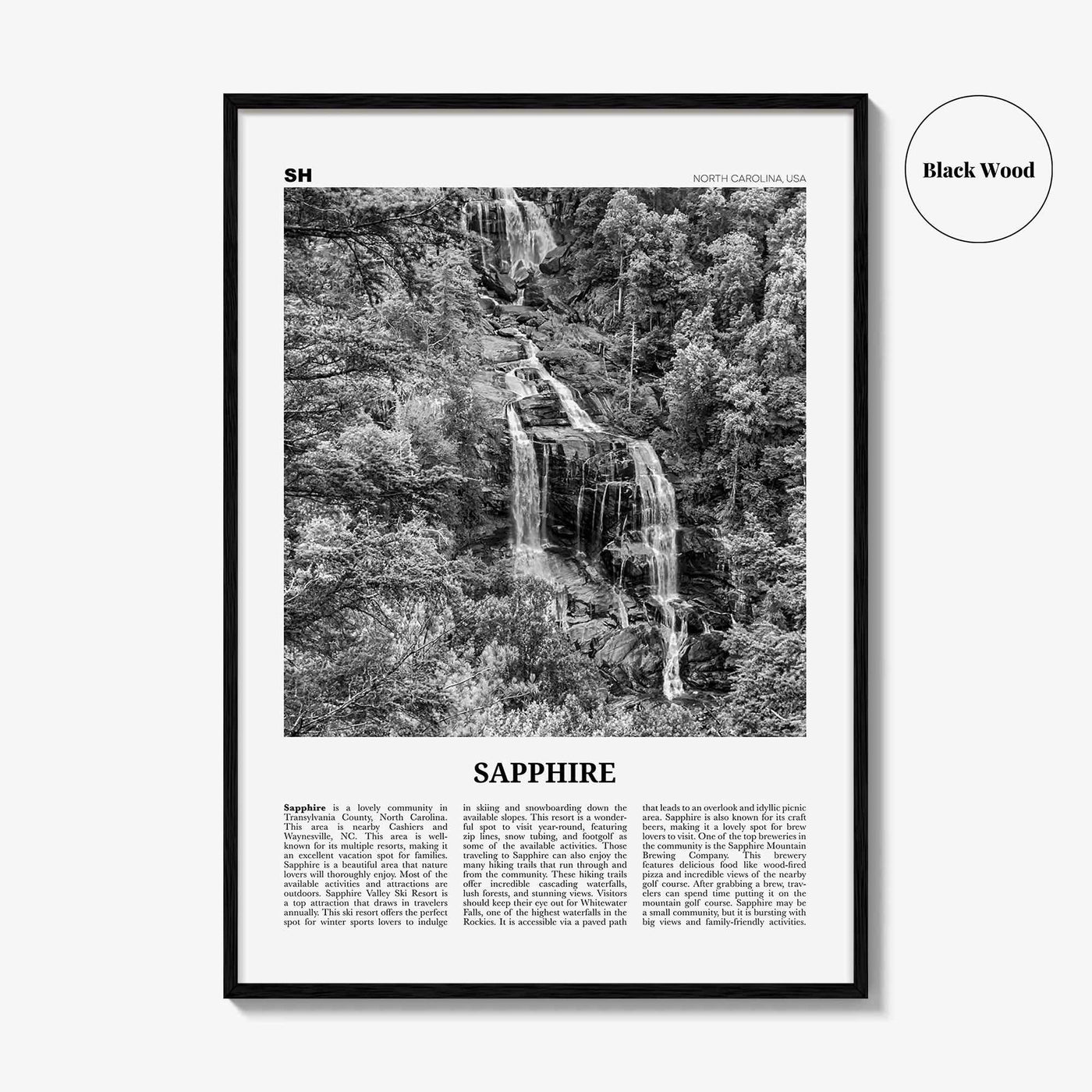 Sapphire Print Black and White, Sapphire Wall Art, Sapphire Poster, Sapphire Photo, Sapphire Wall Décor, Sapphire Map, North Carolina, USA