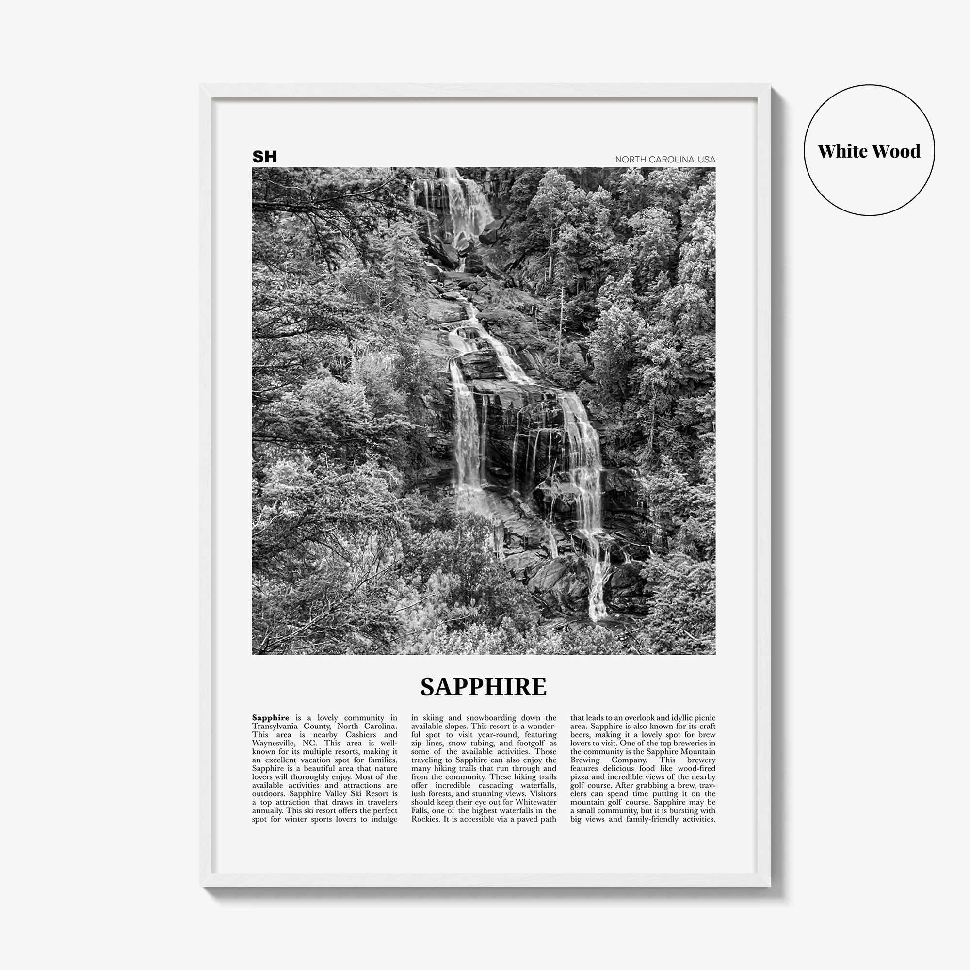 Sapphire Print Black and White, Sapphire Wall Art, Sapphire Poster, Sapphire Photo, Sapphire Wall Décor, Sapphire Map, North Carolina, USA