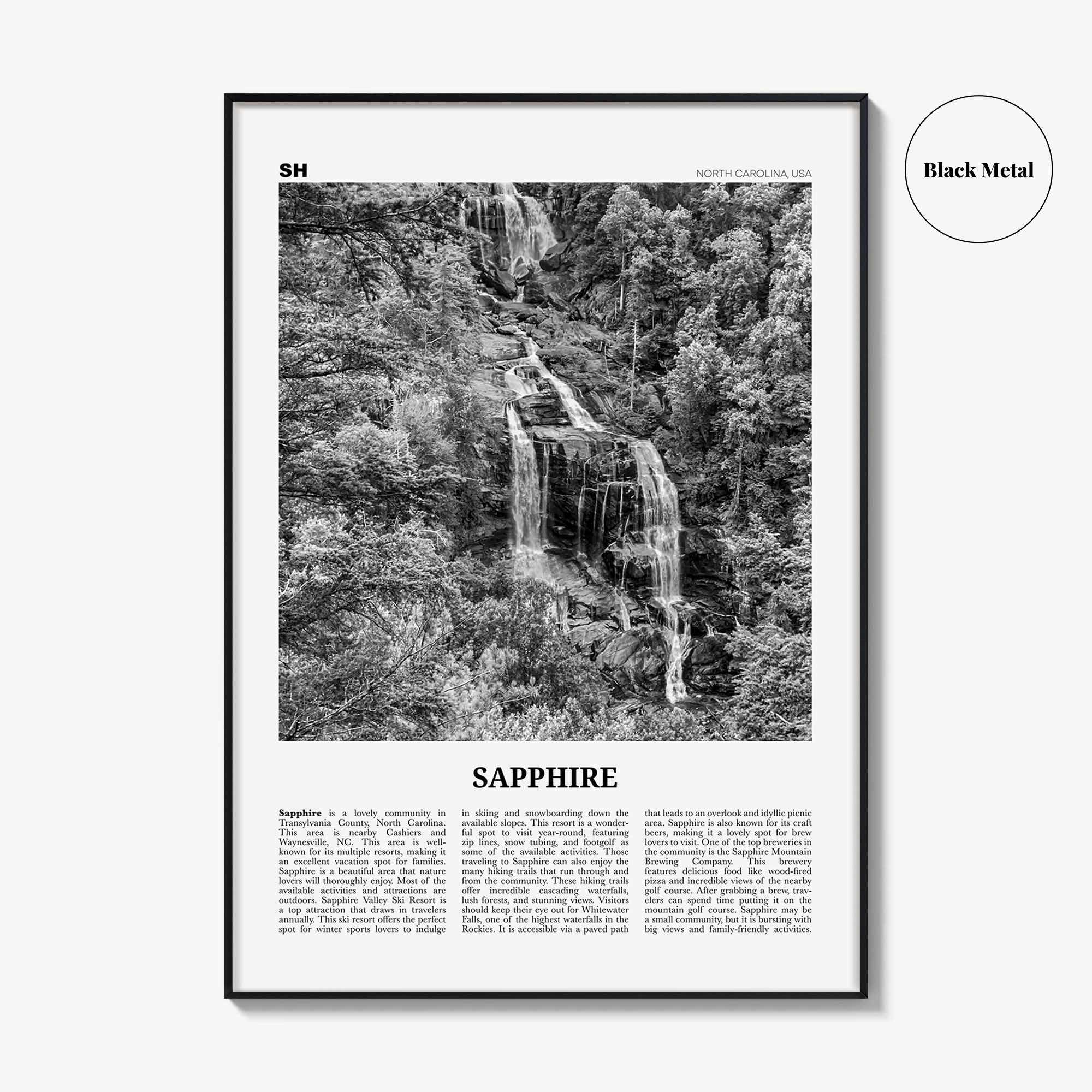 Sapphire Print Black and White, Sapphire Wall Art, Sapphire Poster, Sapphire Photo, Sapphire Wall Décor, Sapphire Map, North Carolina, USA