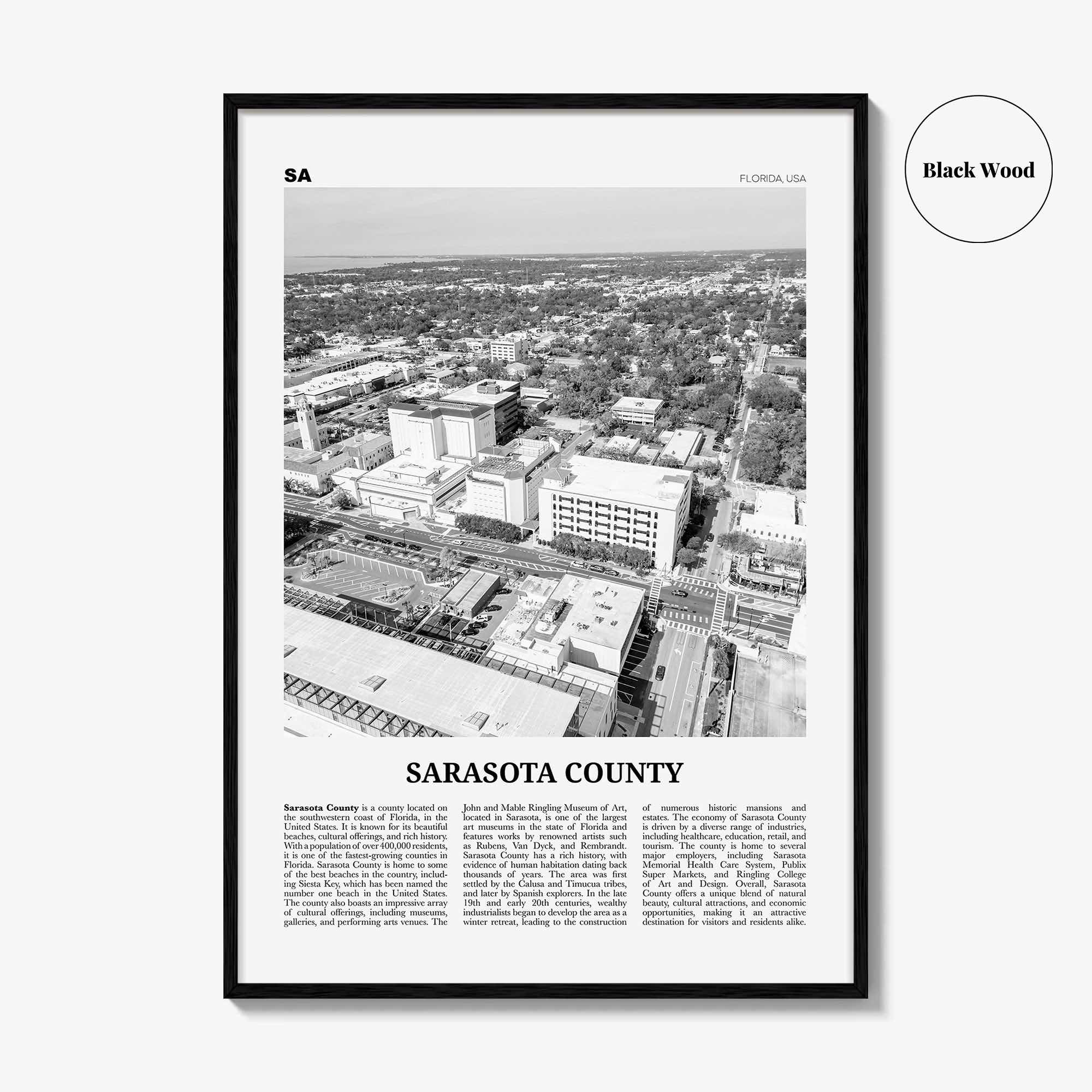 Sarasota County Print Black and White, Sarasota County Wall Art, Sarasota County Poster, Sarasota Photo, Sarasota Wall Décor, Sarasota Map