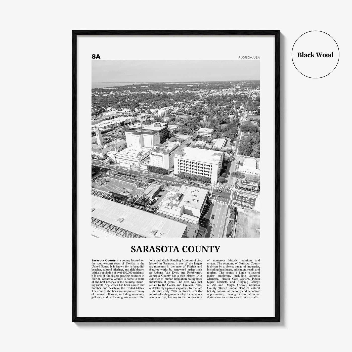 Sarasota County Print Black and White, Sarasota County Wall Art, Sarasota County Poster, Sarasota Photo, Sarasota Wall Décor, Sarasota Map