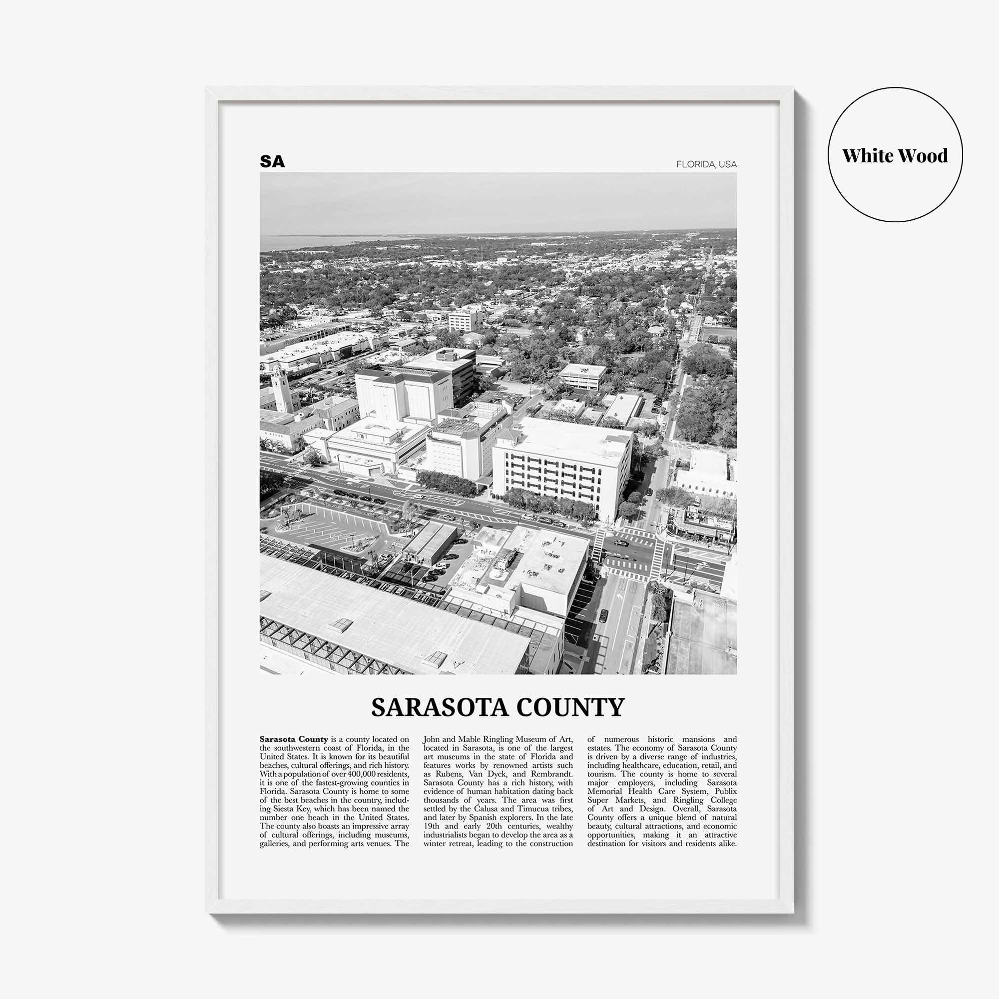 Sarasota County Print Black and White, Sarasota County Wall Art, Sarasota County Poster, Sarasota Photo, Sarasota Wall Décor, Sarasota Map