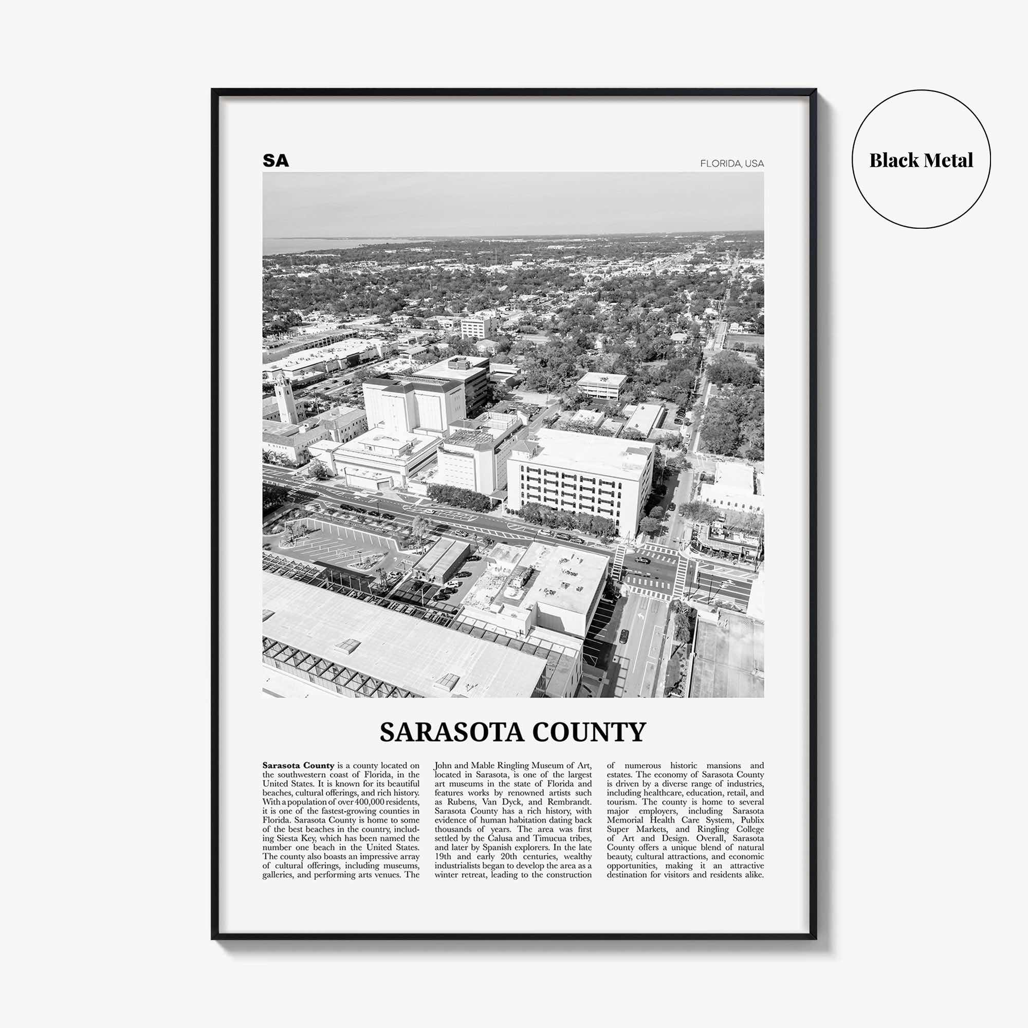 Sarasota County Print Black and White, Sarasota County Wall Art, Sarasota County Poster, Sarasota Photo, Sarasota Wall Décor, Sarasota Map