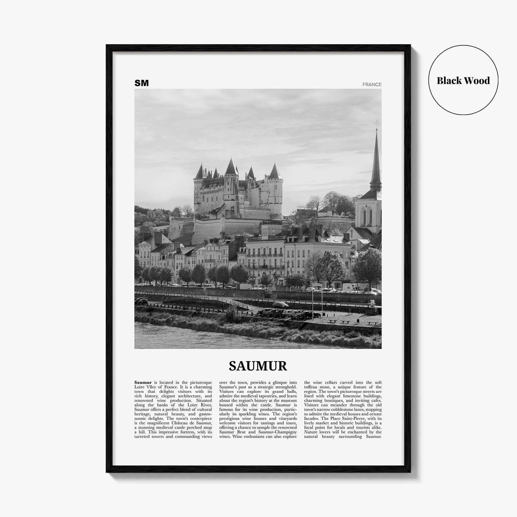Saumur Print Black and White, Saumur Wall Art, Saumur Poster, Saumur Photo, Saumur Wall Décor, Saumur Map, France