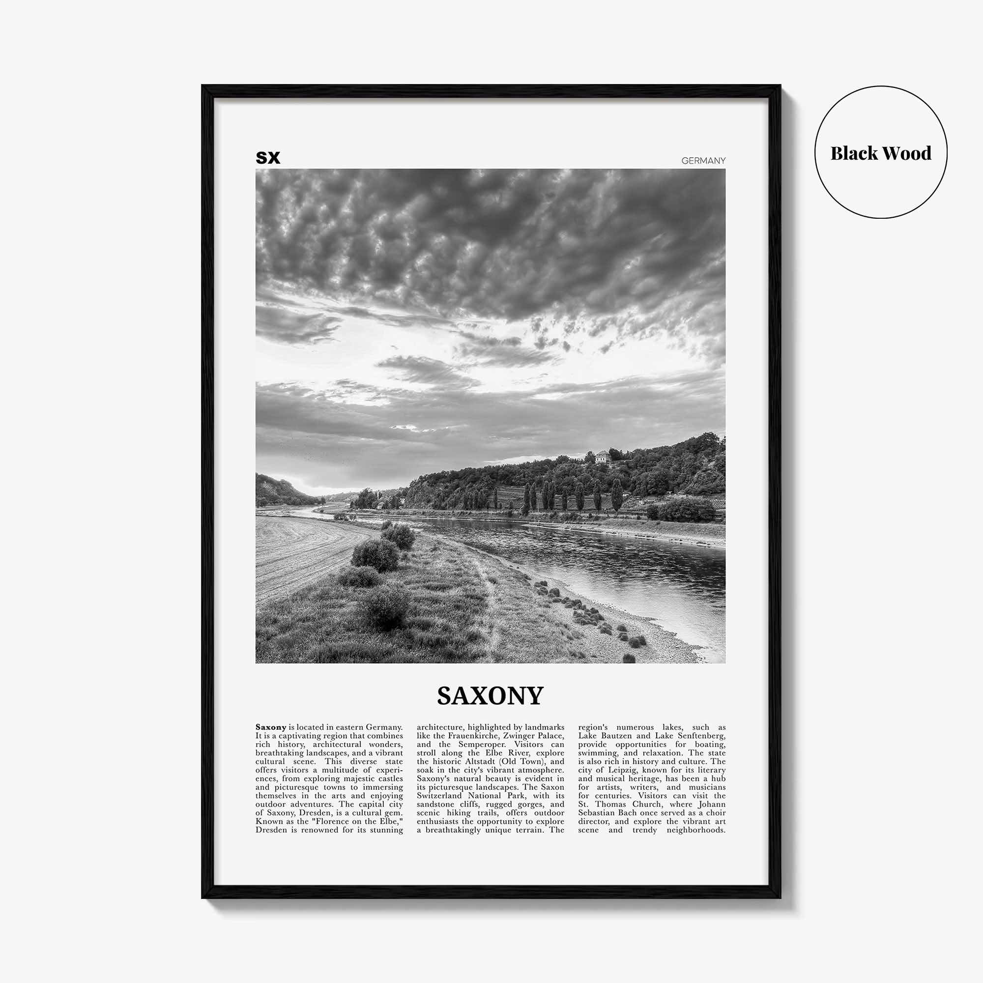 Saxony Print Black and White, Saxony Wall Art, Saxony Poster, Saxony Photo, Saxony Wall Décor, Saxony Map, Germany