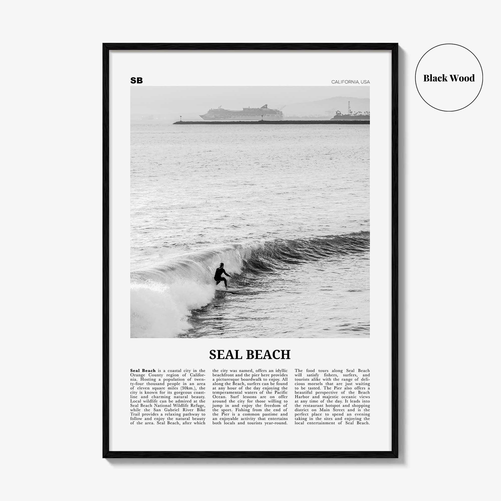 Seal Beach Print Black and White No 2, Seal Beach Wall Art, Seal Beach Poster, Seal Beach Photo, Seal Beach Map, California, USA
