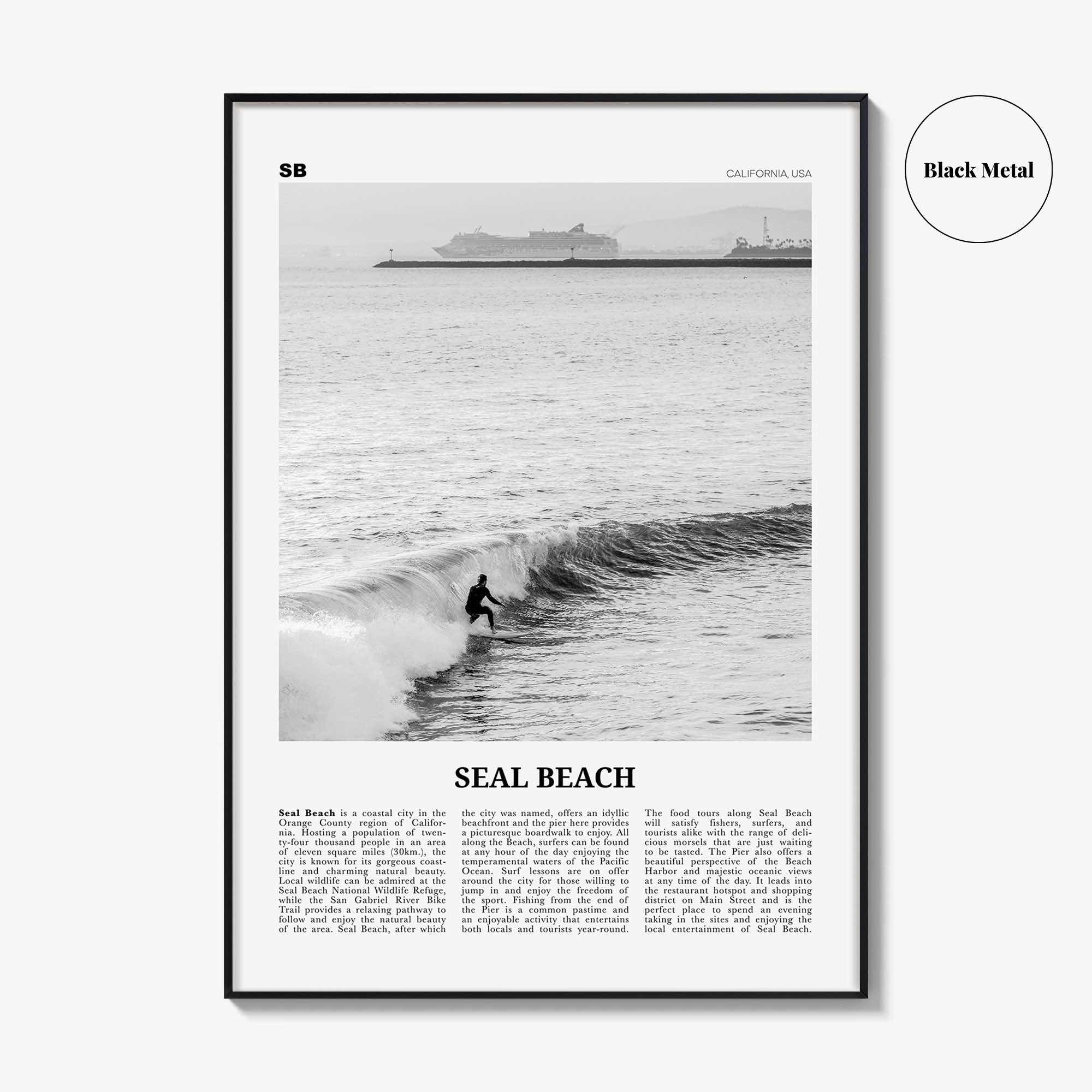 Seal Beach Print Black and White No 2, Seal Beach Wall Art, Seal Beach Poster, Seal Beach Photo, Seal Beach Map, California, USA