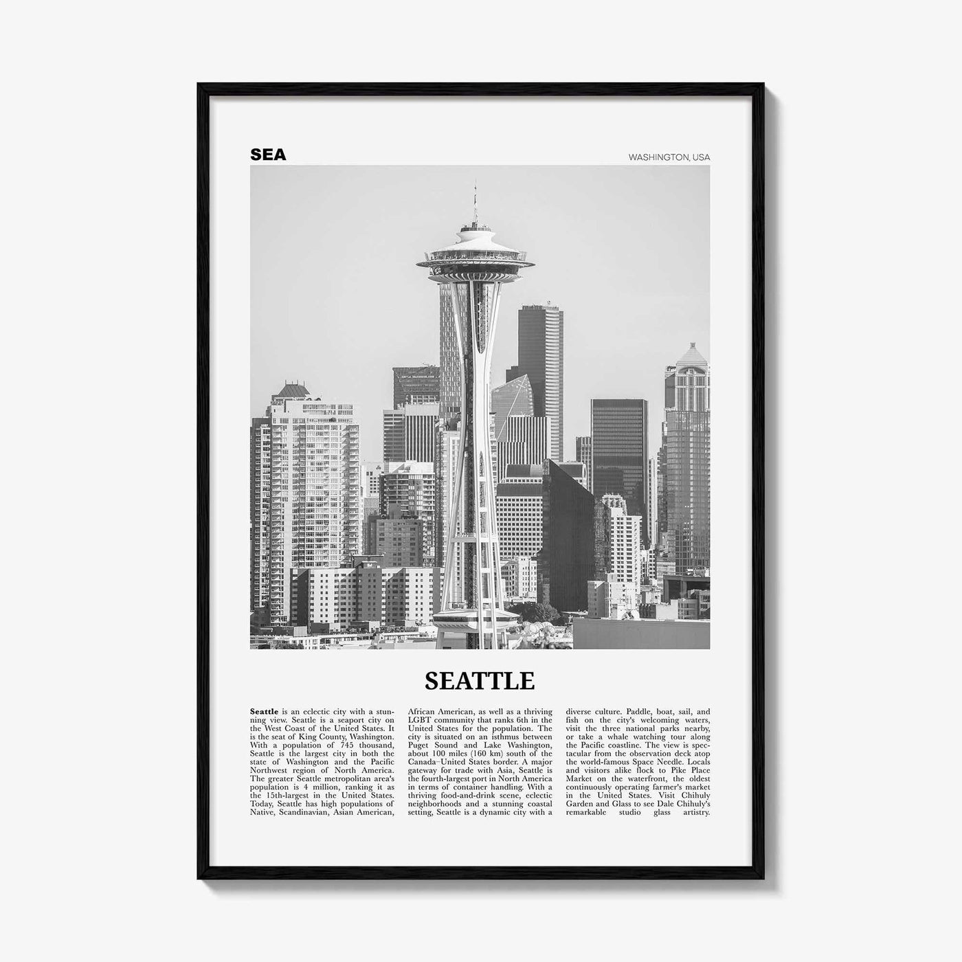Seattle Print Black and White No 2, Seattle Wall Art, Seattle Poster, Seattle Photo, Seattle Decor, Washington, USA, United States