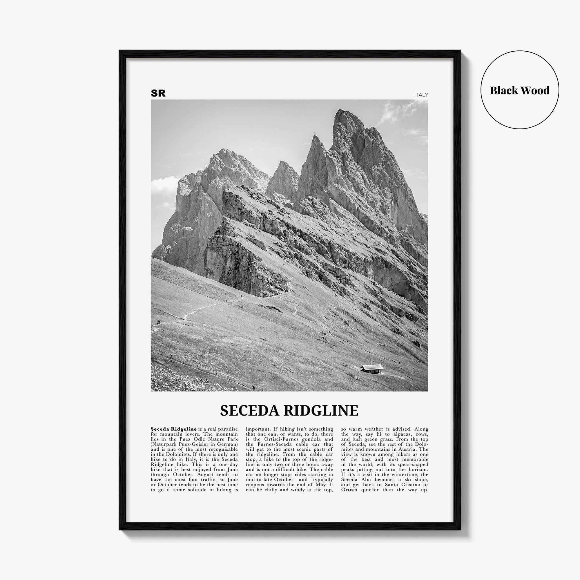 Seceda Ridgeline Print Black and White, Seceda Ridgeline Wall Art, Seceda Ridgeline Poster, Seceda Ridgeline Photo, Italy