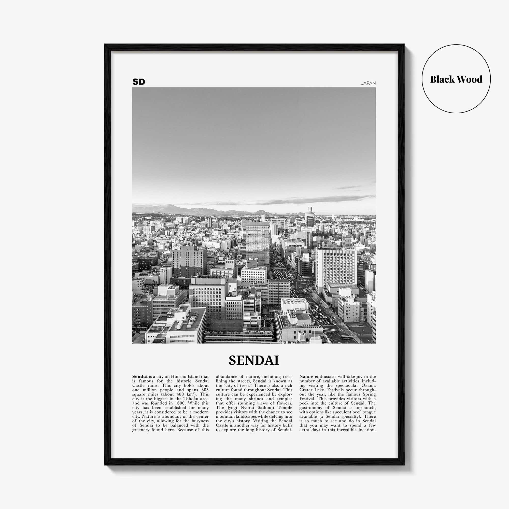 Sendai Print Black and White, Sendai Wall Art, Sendai Poster, Sendai Photo, Sendai Wall Décor, Sendai Map, Japan