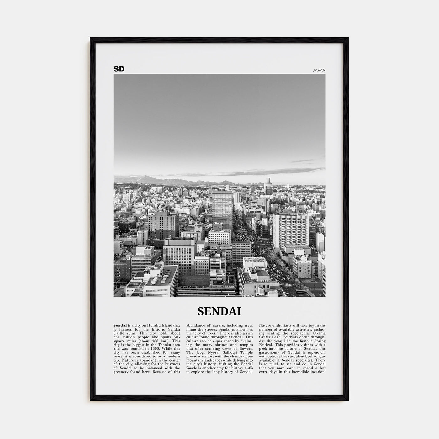Sendai Travel B&W Poster