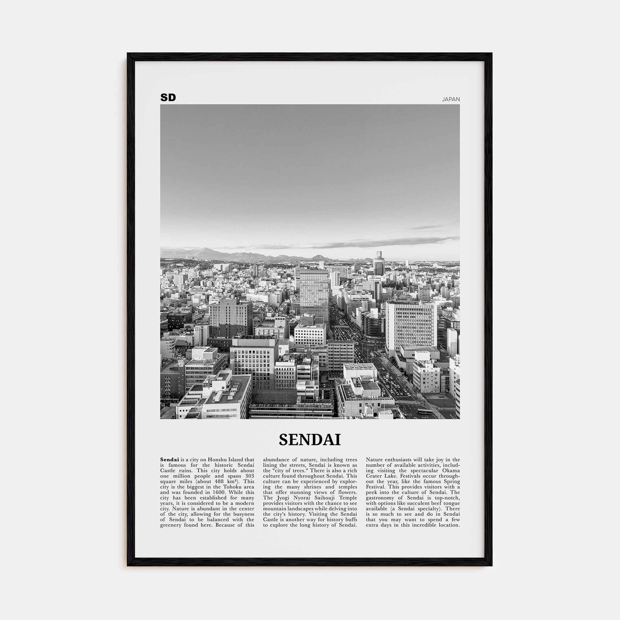 Sendai Travel B&W Poster