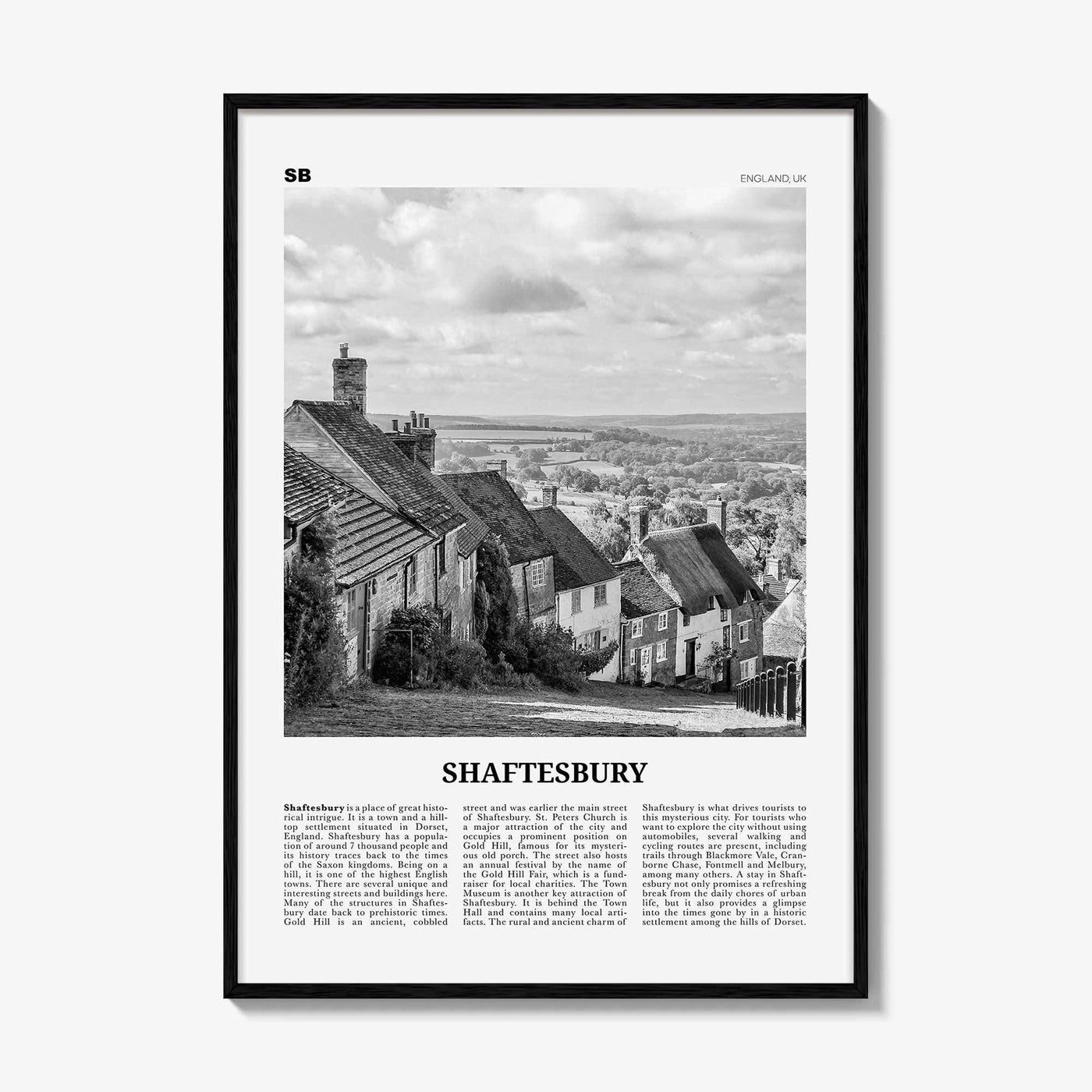 Shaftesbury Print Black and White, Shaftesbury Wall Art, Shaftesbury Poster, Shaftesbury Photo, Shaftesbury Map, England, UK, United Kingdom