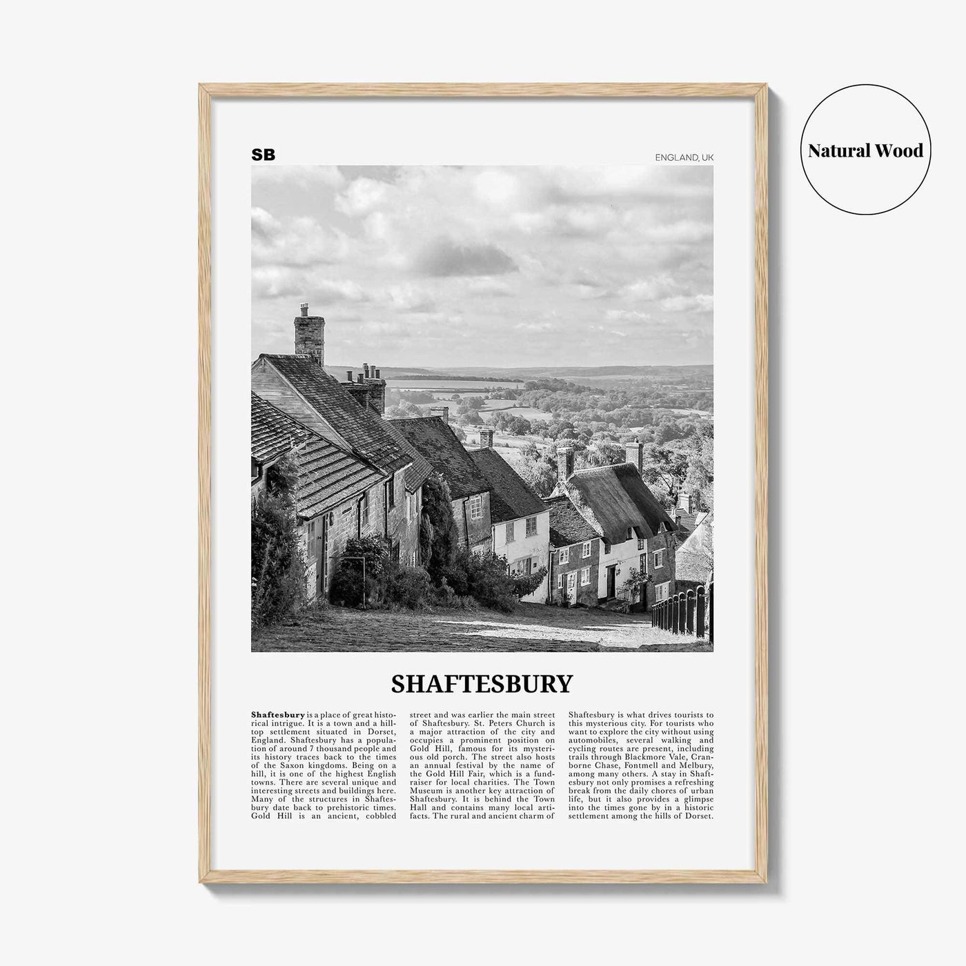Shaftesbury Print Black and White, Shaftesbury Wall Art, Shaftesbury Poster, Shaftesbury Photo, Shaftesbury Map, England, UK, United Kingdom