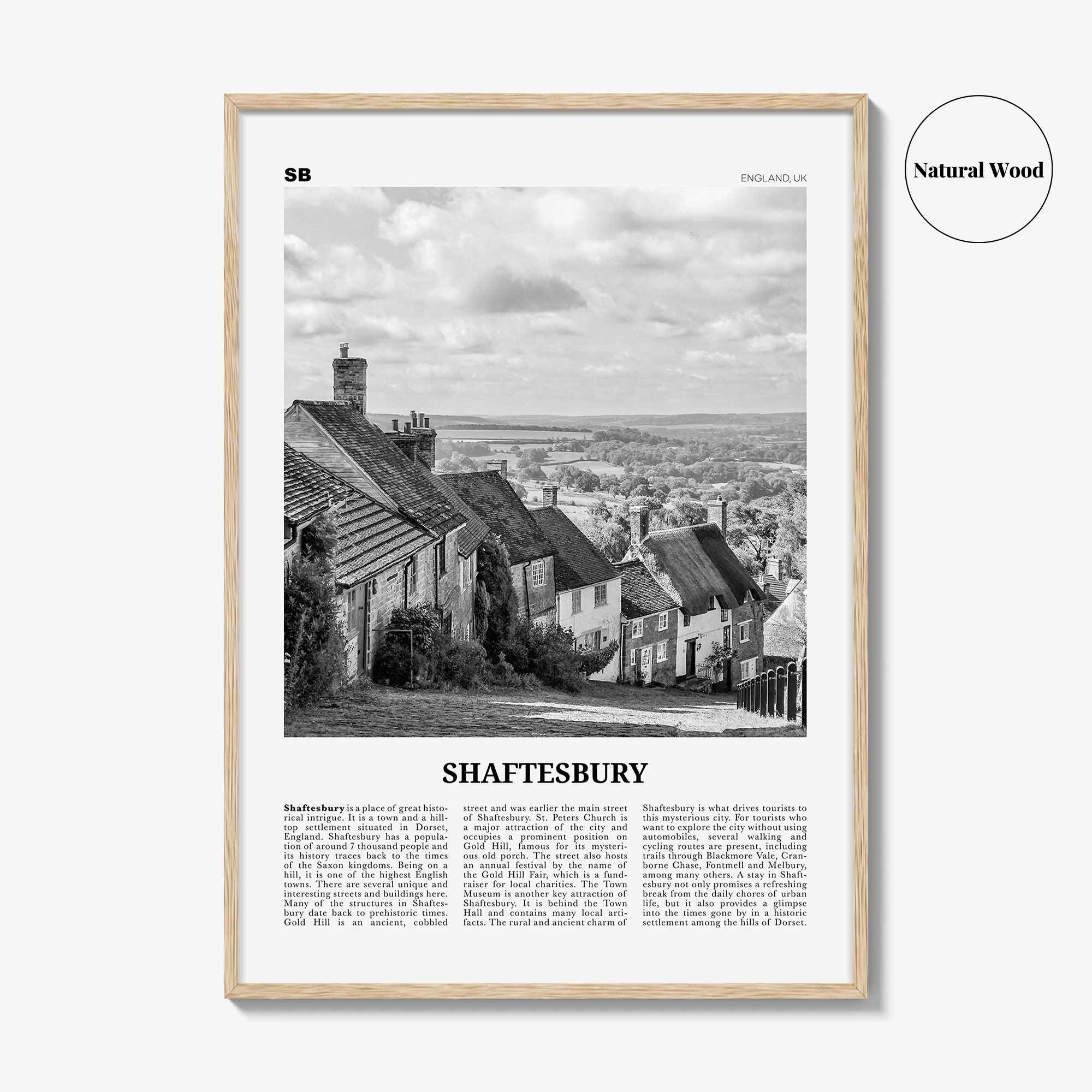 Shaftesbury Print Black and White, Shaftesbury Wall Art, Shaftesbury Poster, Shaftesbury Photo, Shaftesbury Map, England, UK, United Kingdom