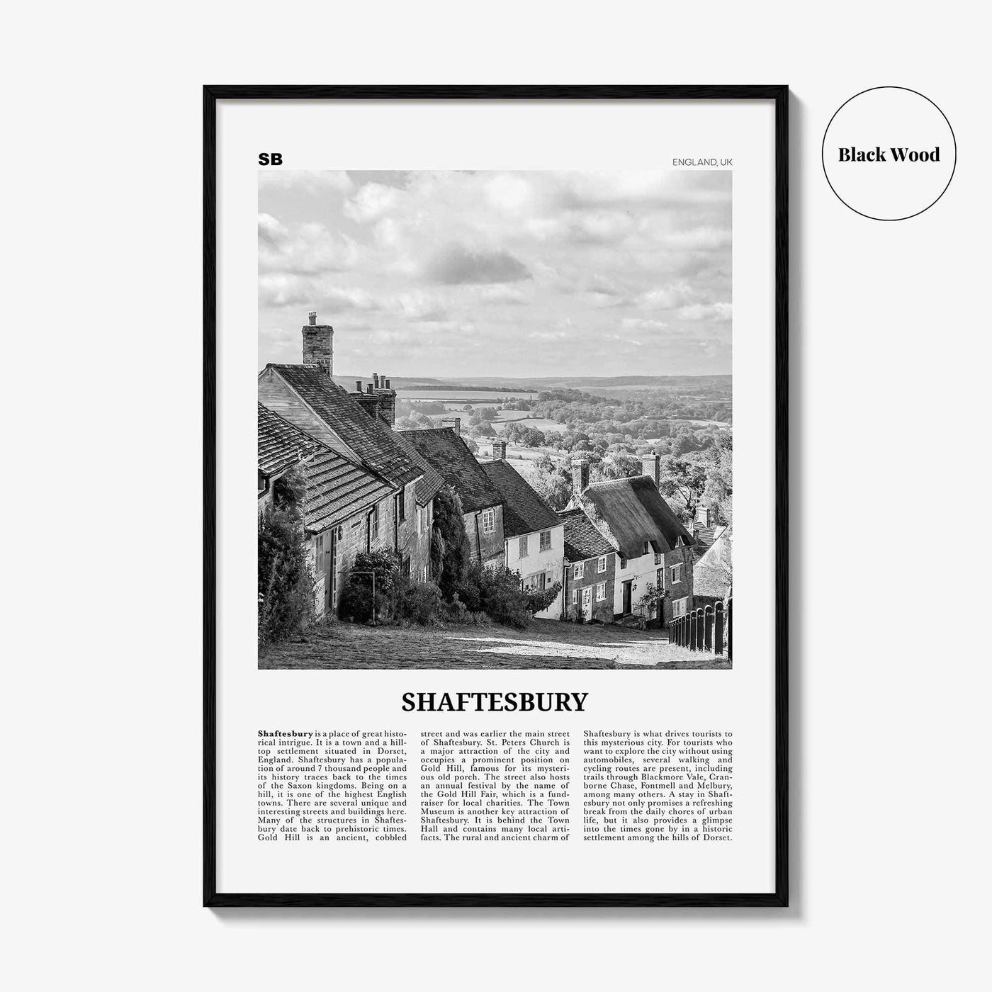 Shaftesbury Print Black and White, Shaftesbury Wall Art, Shaftesbury Poster, Shaftesbury Photo, Shaftesbury Map, England, UK, United Kingdom