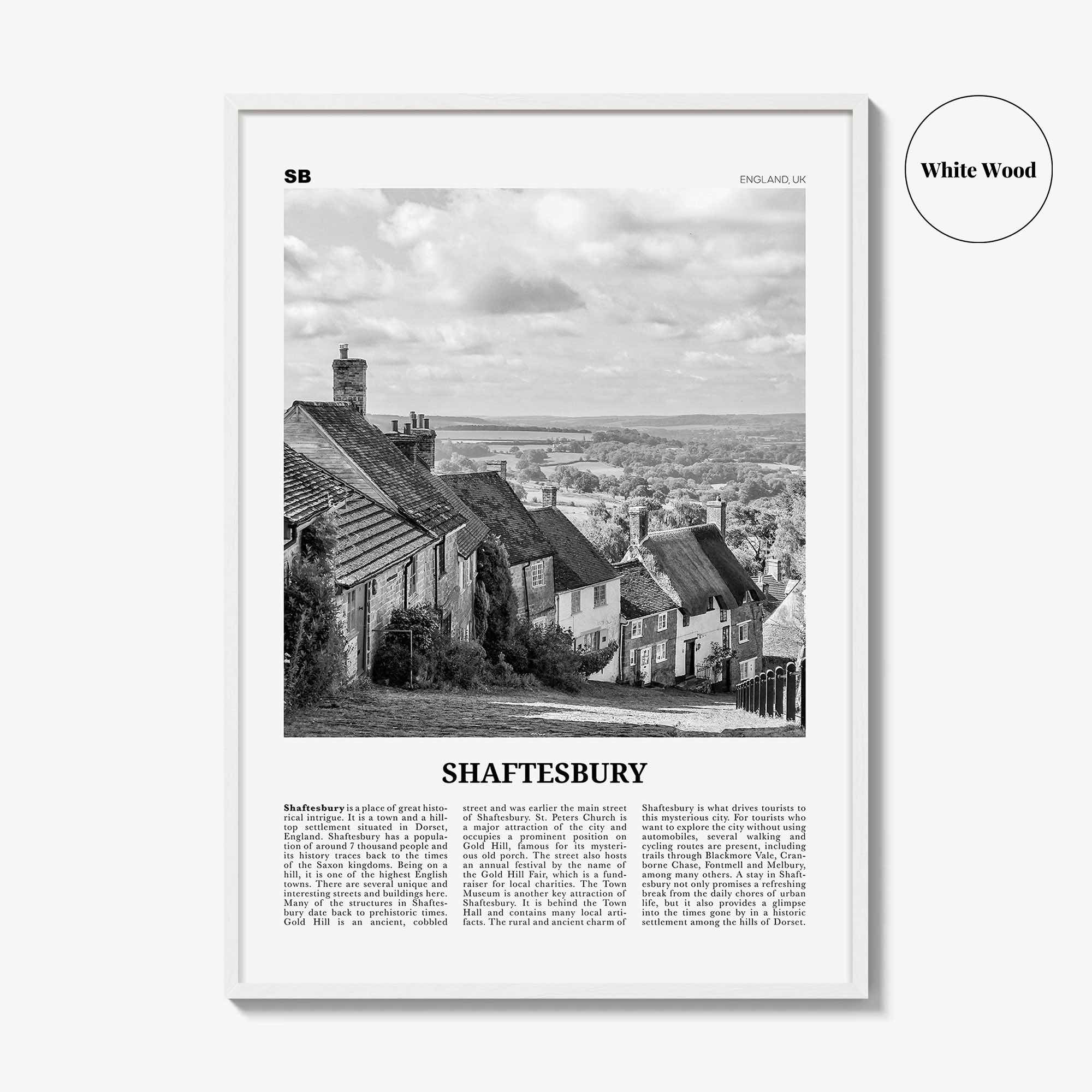 Shaftesbury Print Black and White, Shaftesbury Wall Art, Shaftesbury Poster, Shaftesbury Photo, Shaftesbury Map, England, UK, United Kingdom