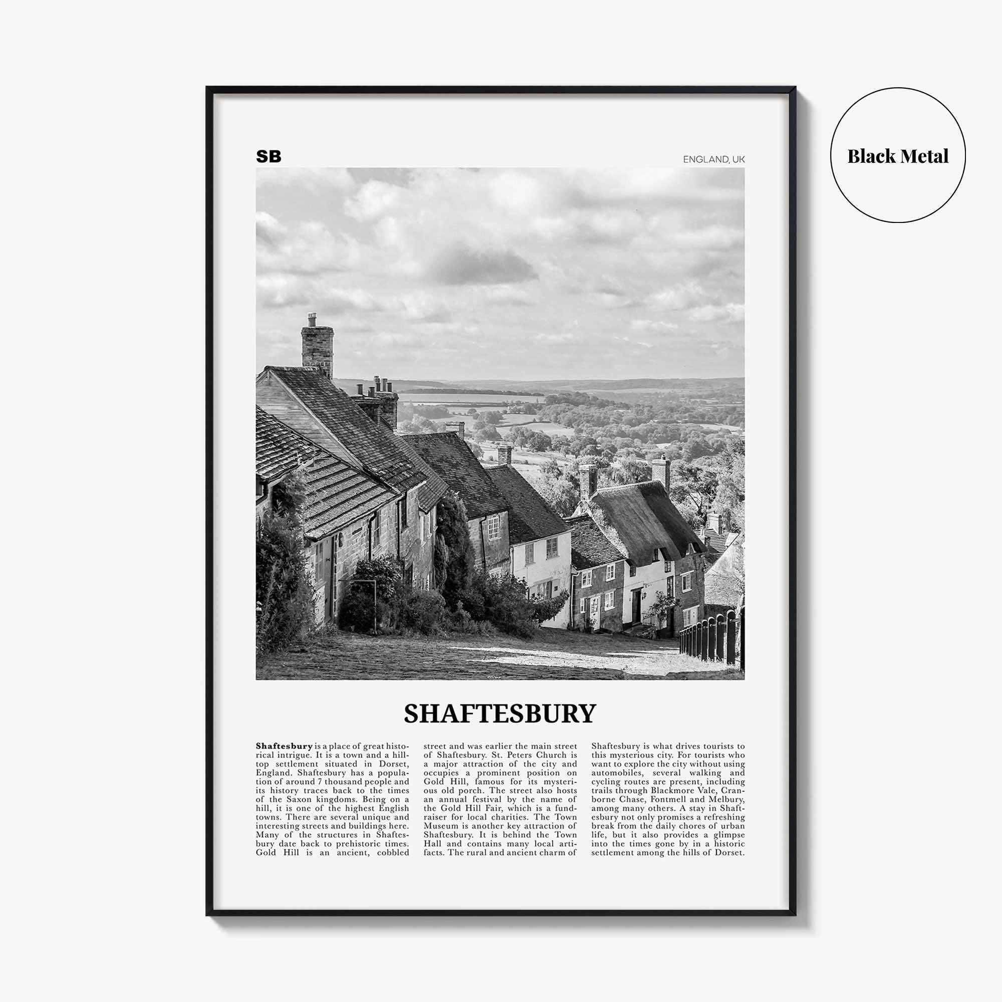 Shaftesbury Print Black and White, Shaftesbury Wall Art, Shaftesbury Poster, Shaftesbury Photo, Shaftesbury Map, England, UK, United Kingdom