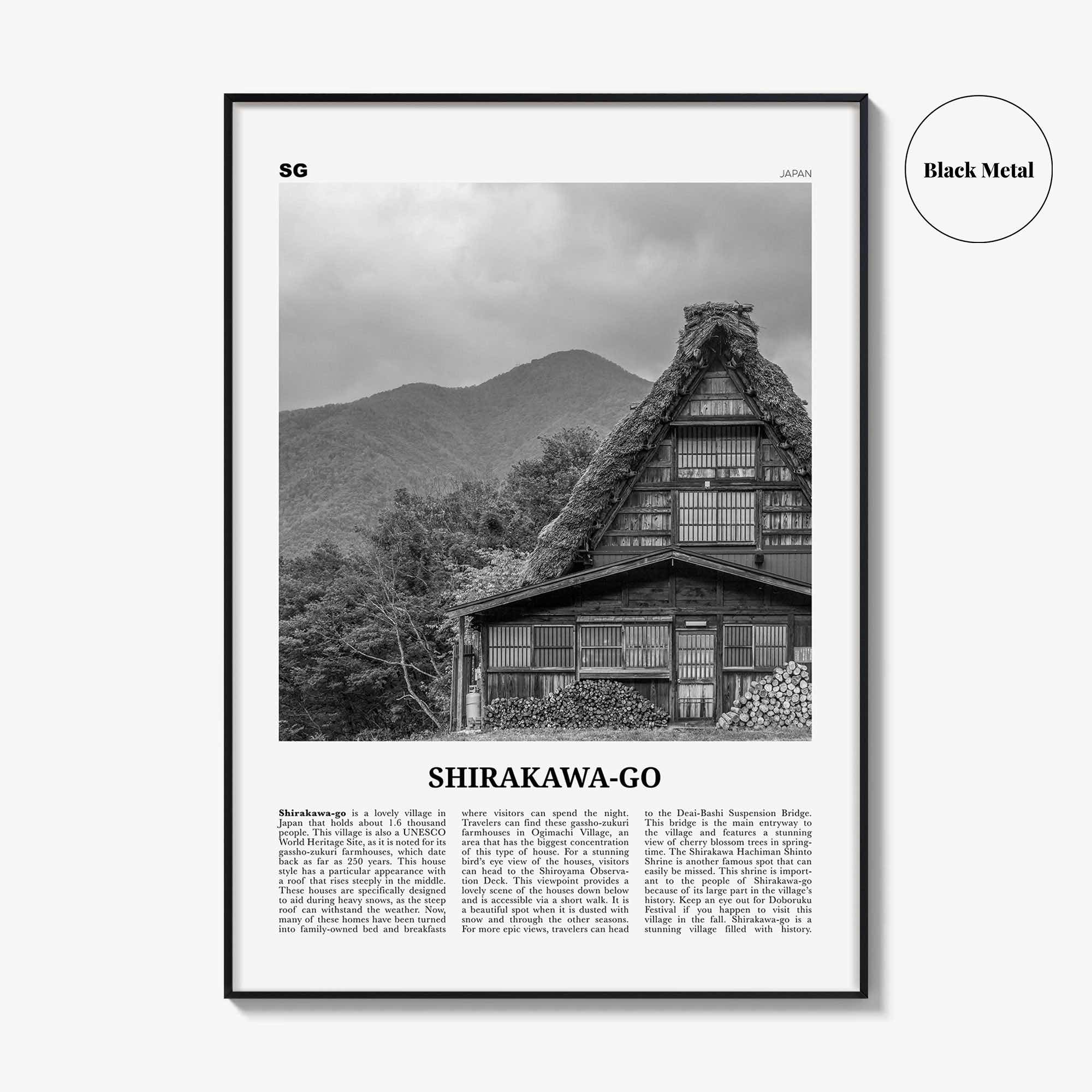 Shirakawa Go Print Black and White, Shirakawa-go Wall Art, Shirakawa-go Poster, Shirakawa-go Photo Shirakawa-go Décor Shirakawa-go Map Japan